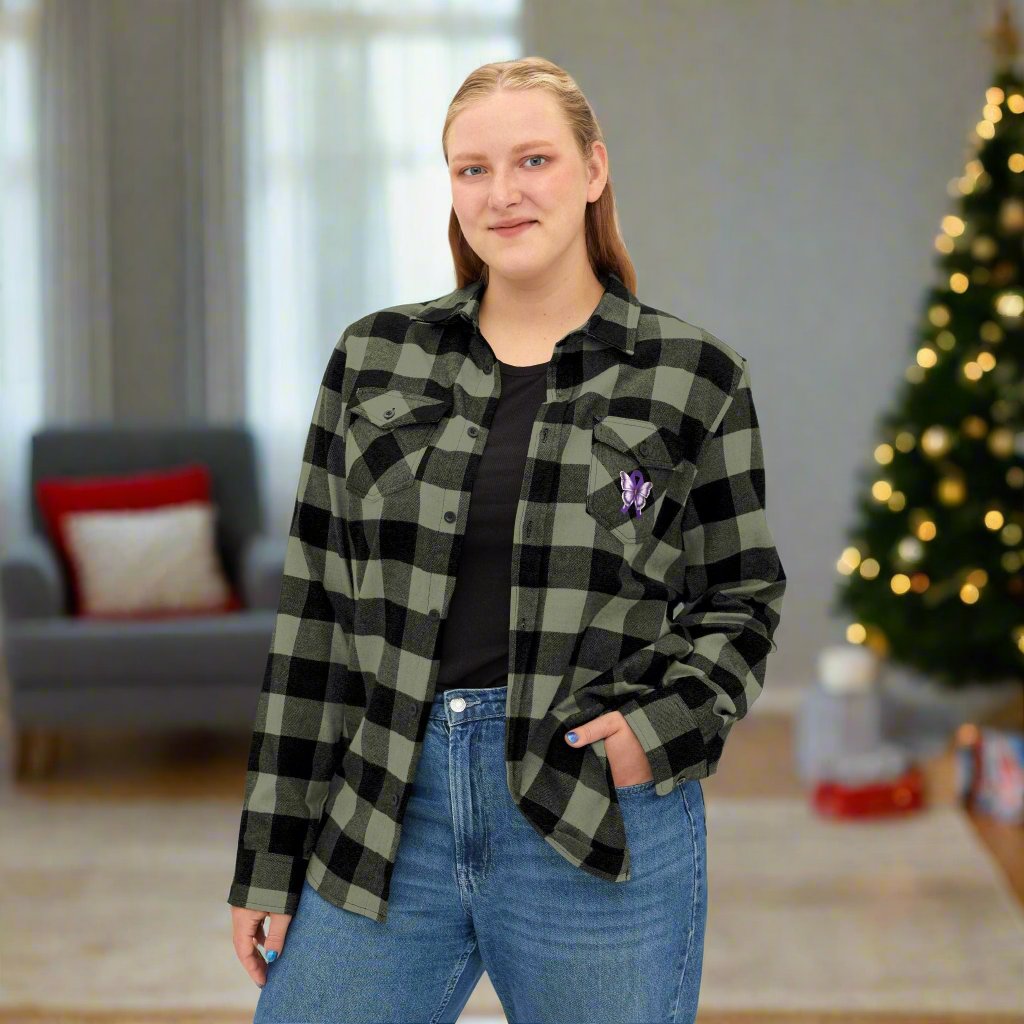Photo depicting the ​Epilepsy Butterfly Unisex Flannel Shirt from EpiAl's Shop.
