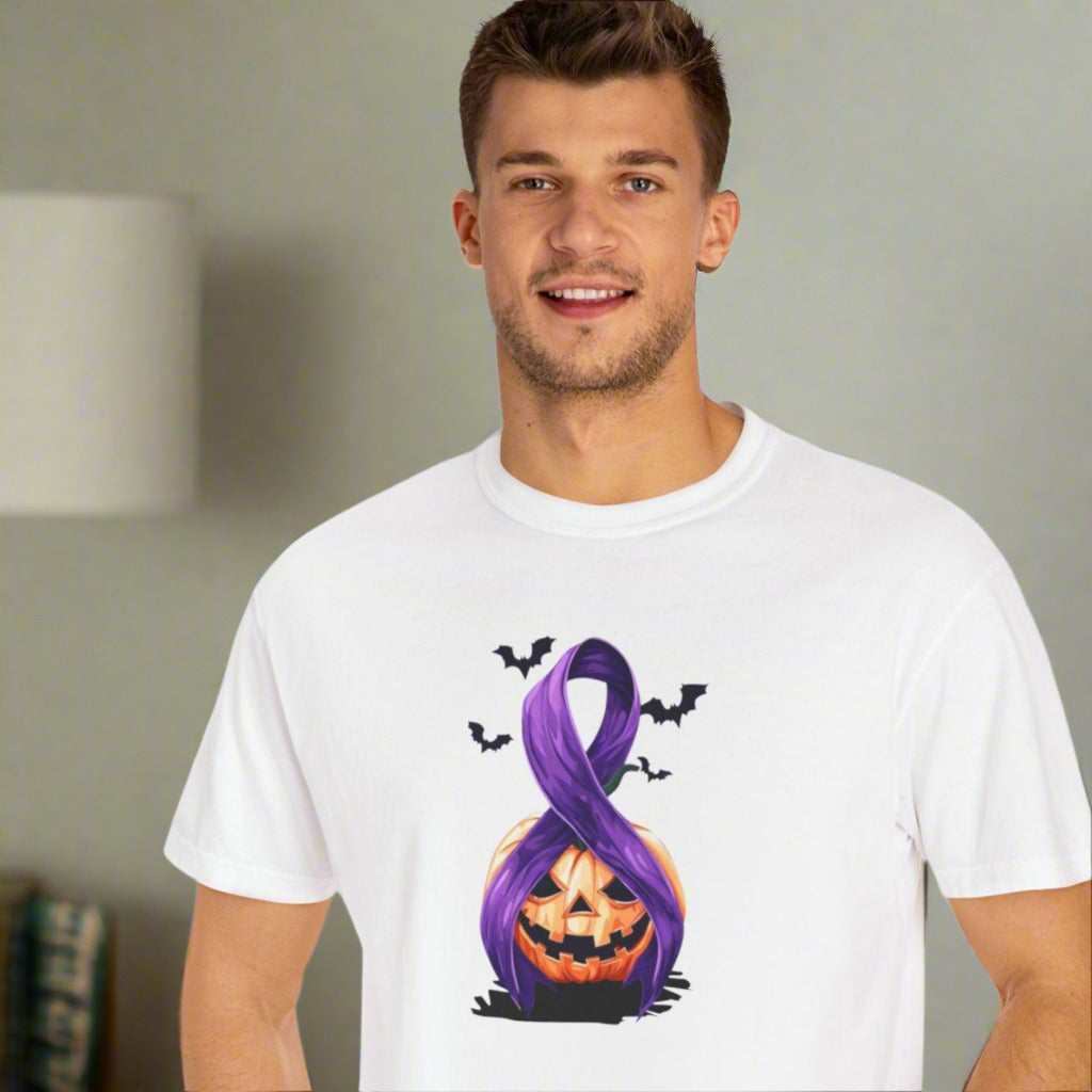 Halloween Pumpkin Unisex T-Shirt with Purple Ribbon Design