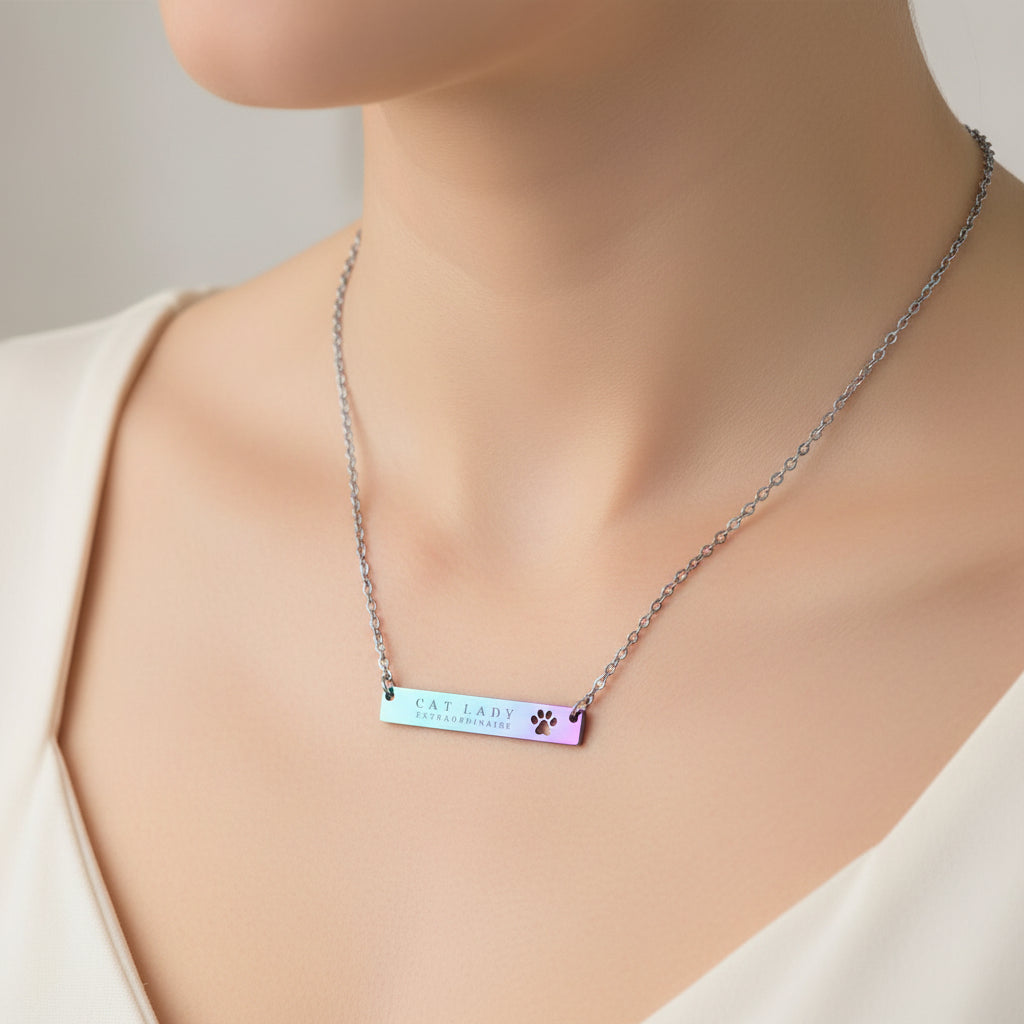 Cat Lady Extraordinaire Bar Necklace | Paw Engraved Stainless Steel