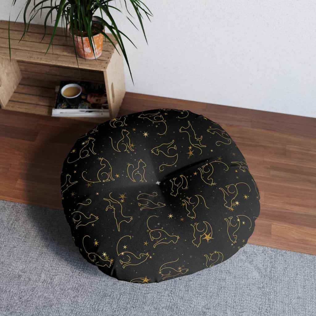 Gold Foil Line-Art Cats Tufted Floor Pillow – Black