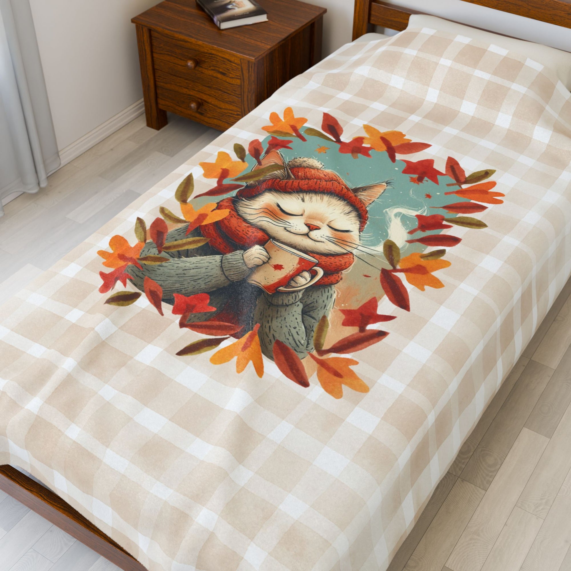 Hot Chocolate Cat Plush Blanket, Soft Throw for Fall