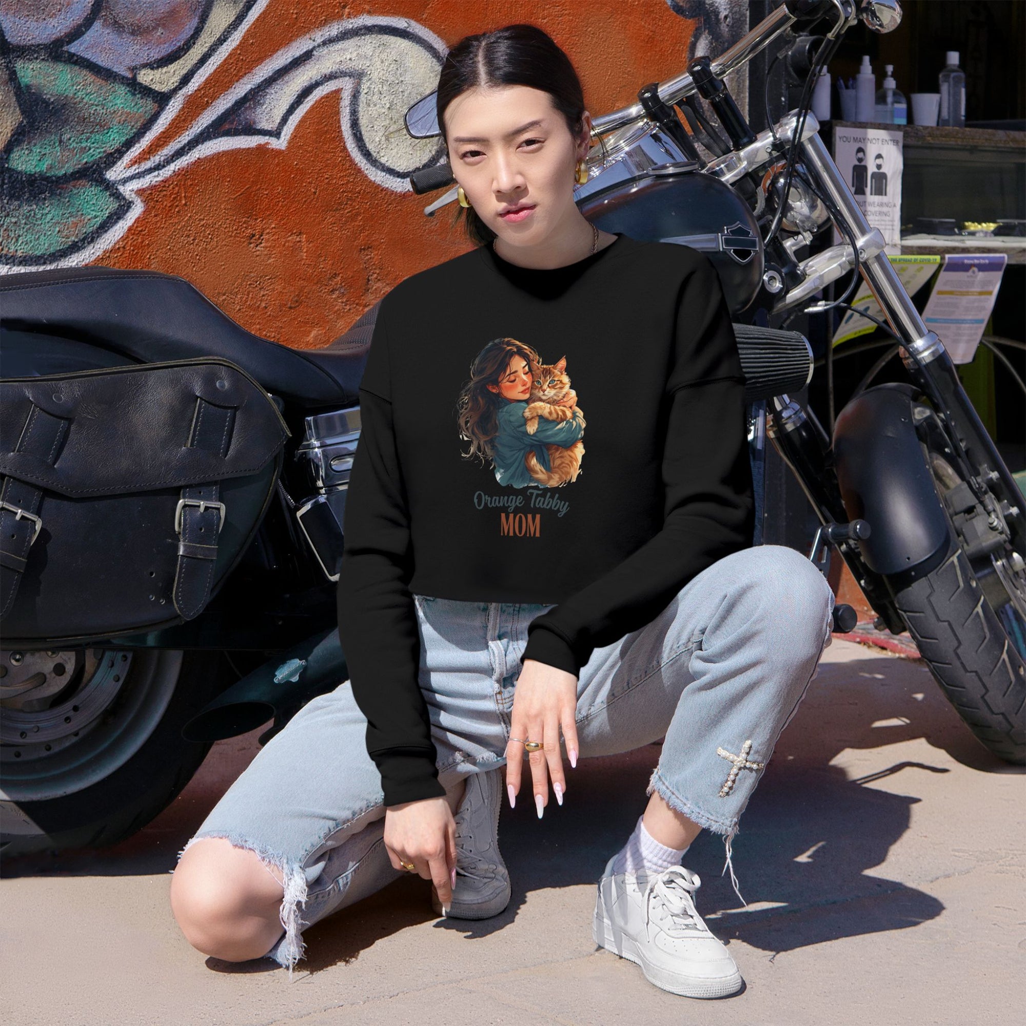 Cozy Orange Tabby Mom Cropped Sweatshirt