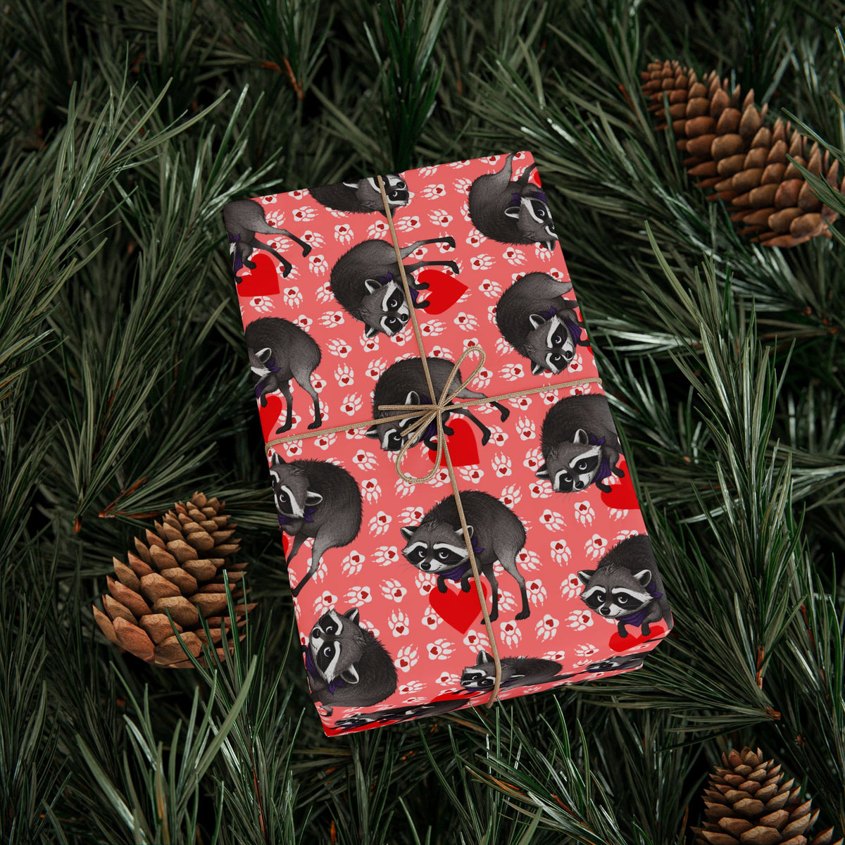 Jimothy's Love & Mischief Gift Wrapping Paper | Raccoon Hearts & Paw Prints