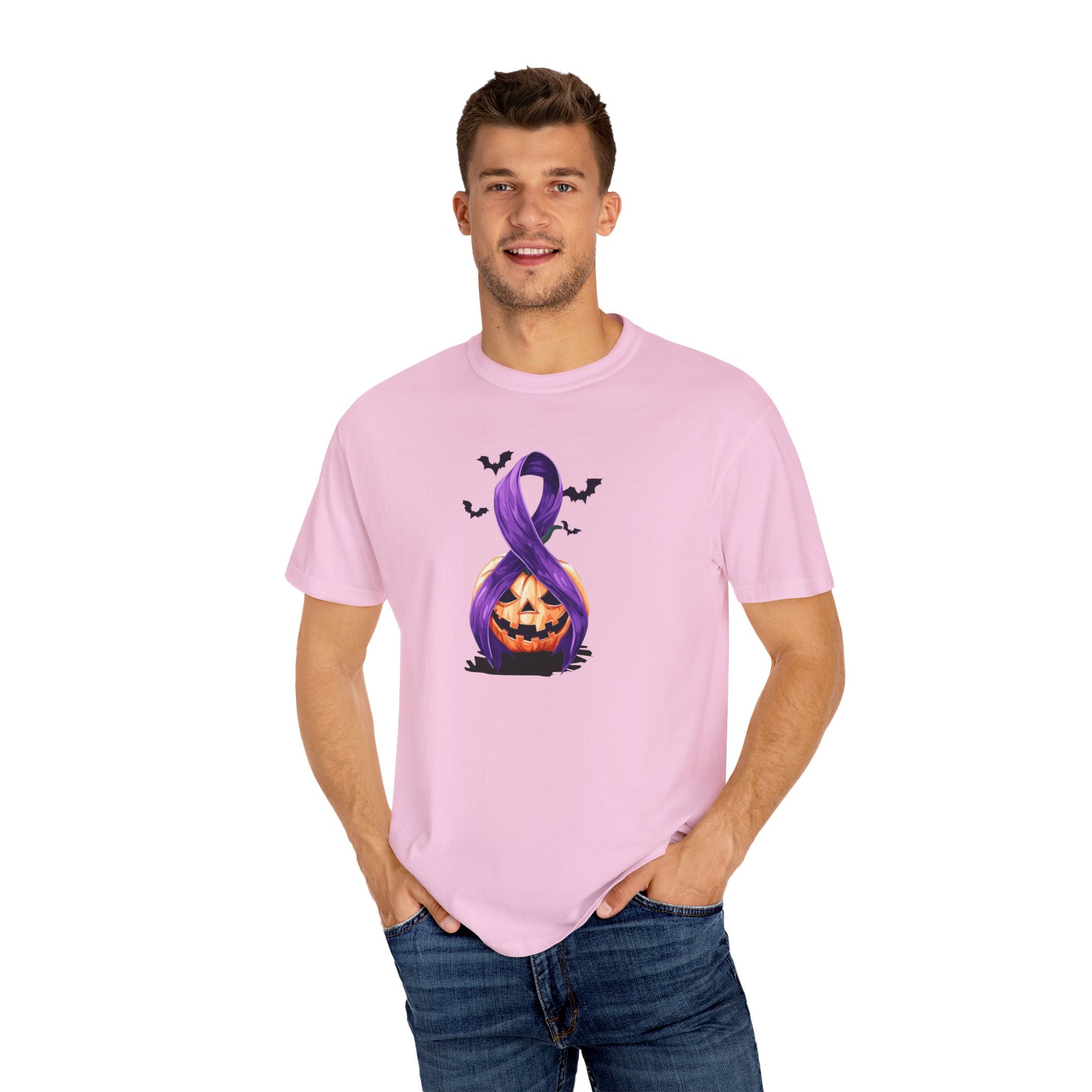 Halloween Pumpkin Unisex T-Shirt with Purple Ribbon Design