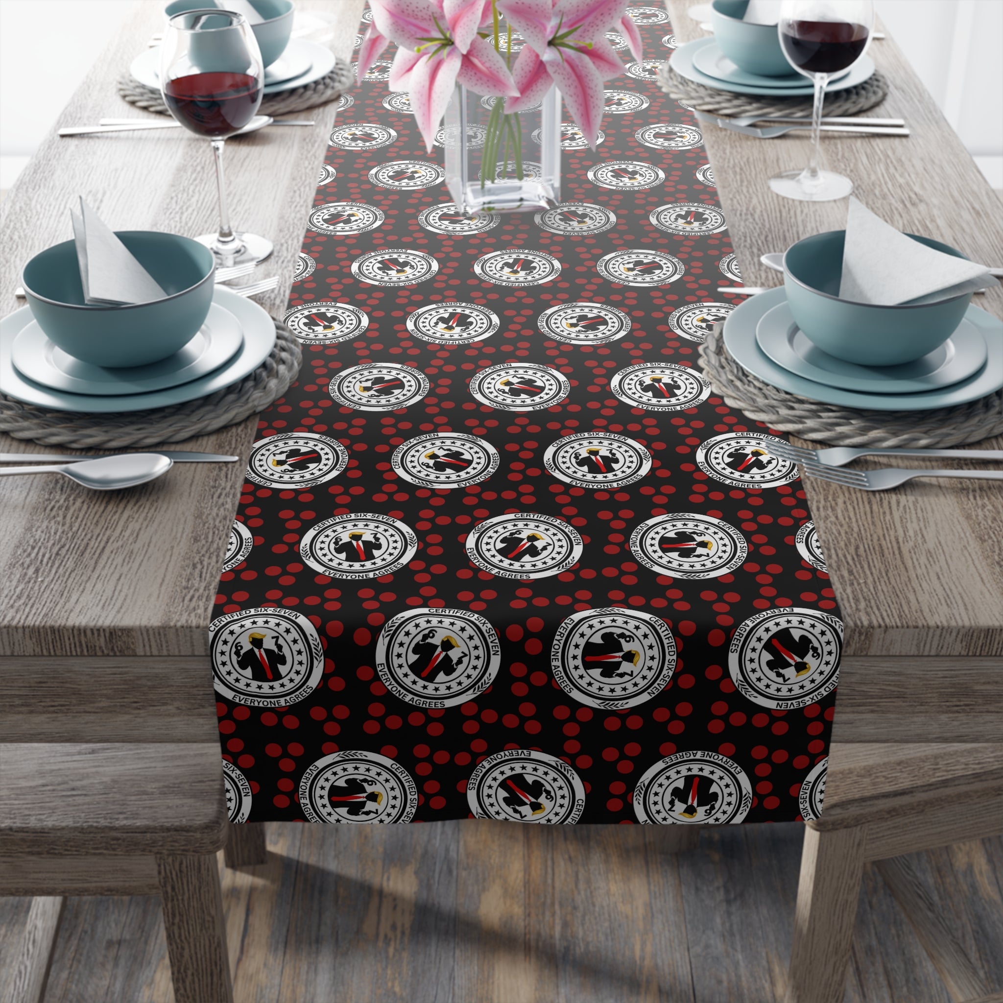 Certified Six Seven Table Runner – Political Parody Medallion Table Decor