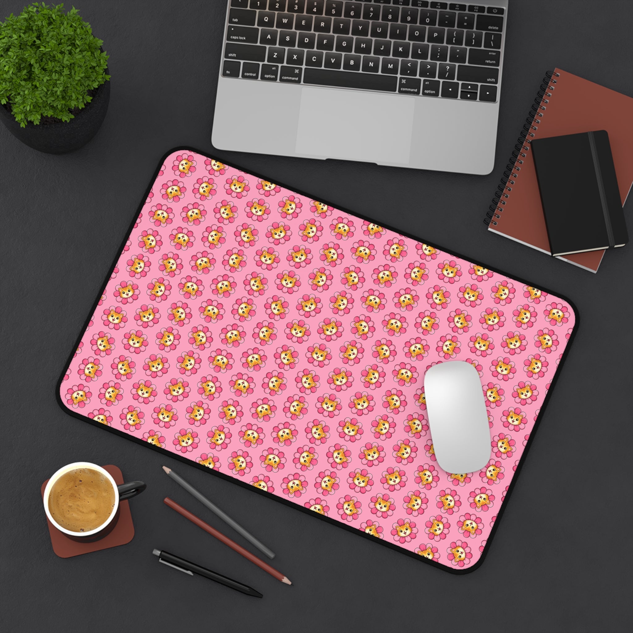 Blooming Chaos Pink Cat Pattern Desk Mat