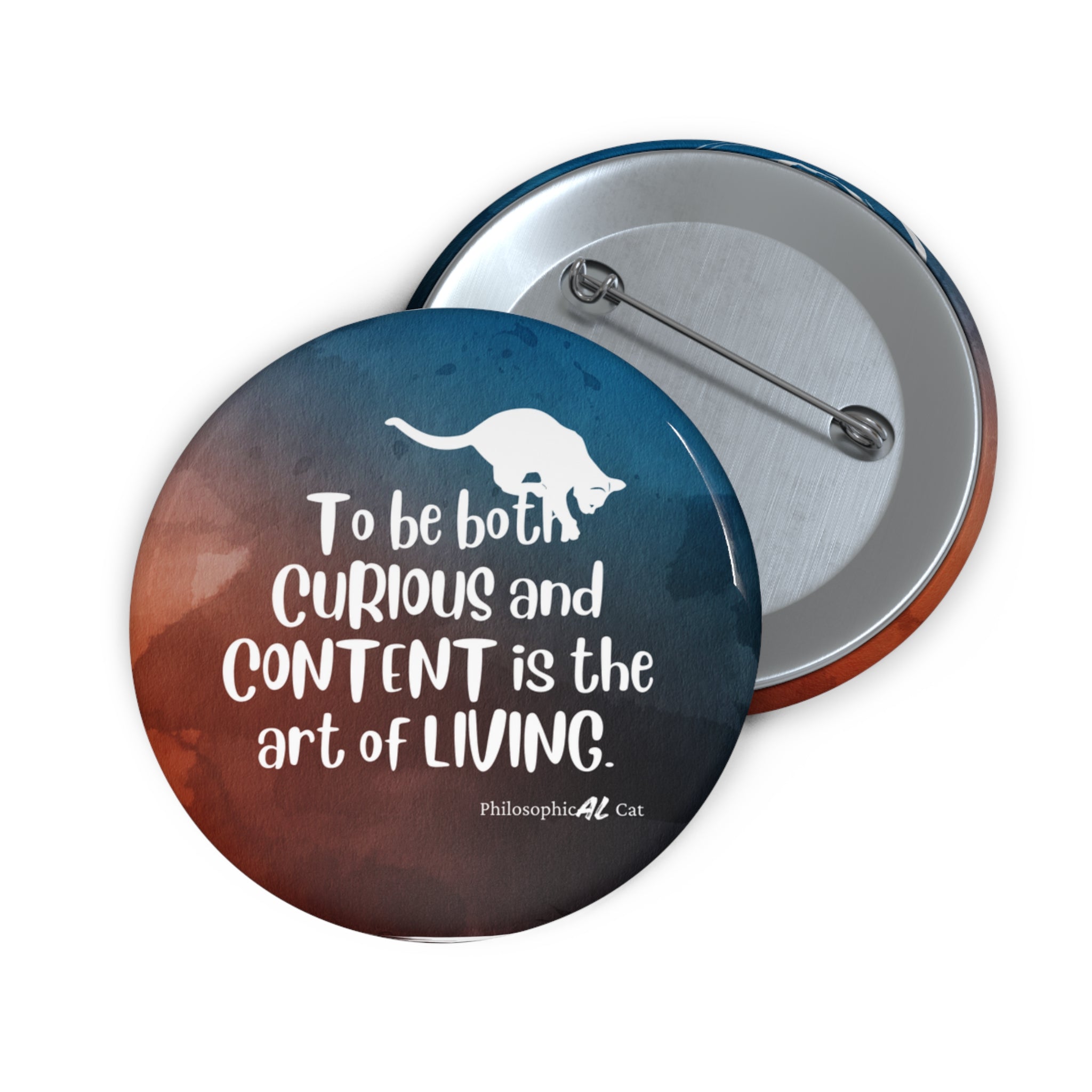 Photo depicting the ​Curious & Content Pin Buttons from EpiAl's Shop.