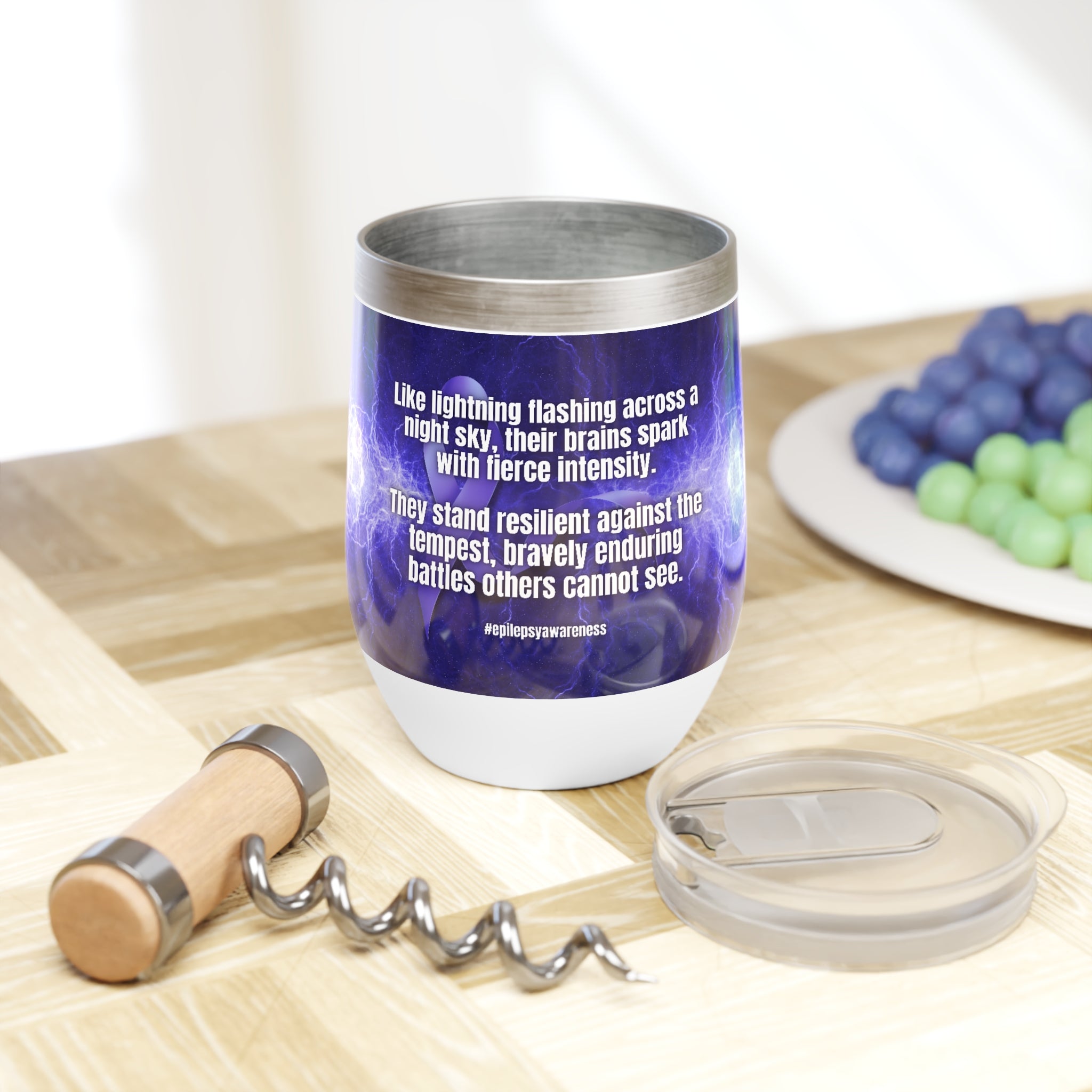 Photo depicting the ​Resilient Against the Tempest Chill Wine Tumbler from EpiAl's Shop.