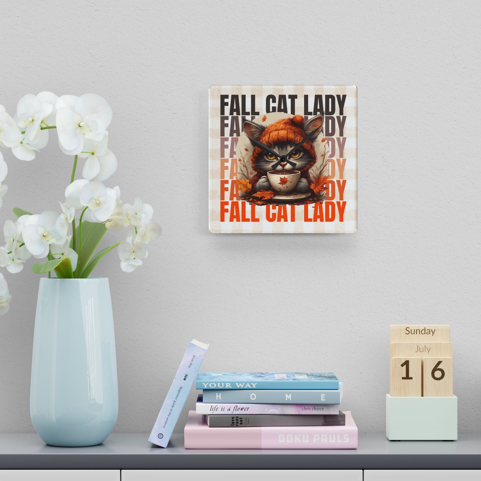 Fall Cat Lady Acrylic Wall Clock, Cute Cat Decor