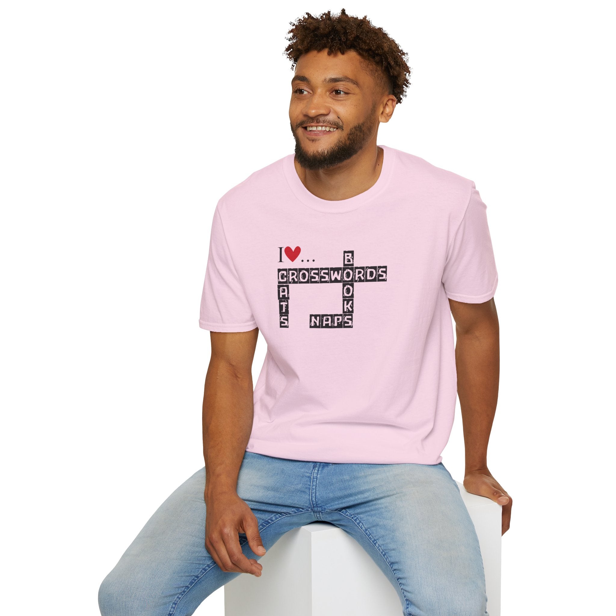 Photo depicting the ​Crosswords and Cats Unisex Softstyle T-Shirt from EpiAl's Shop.