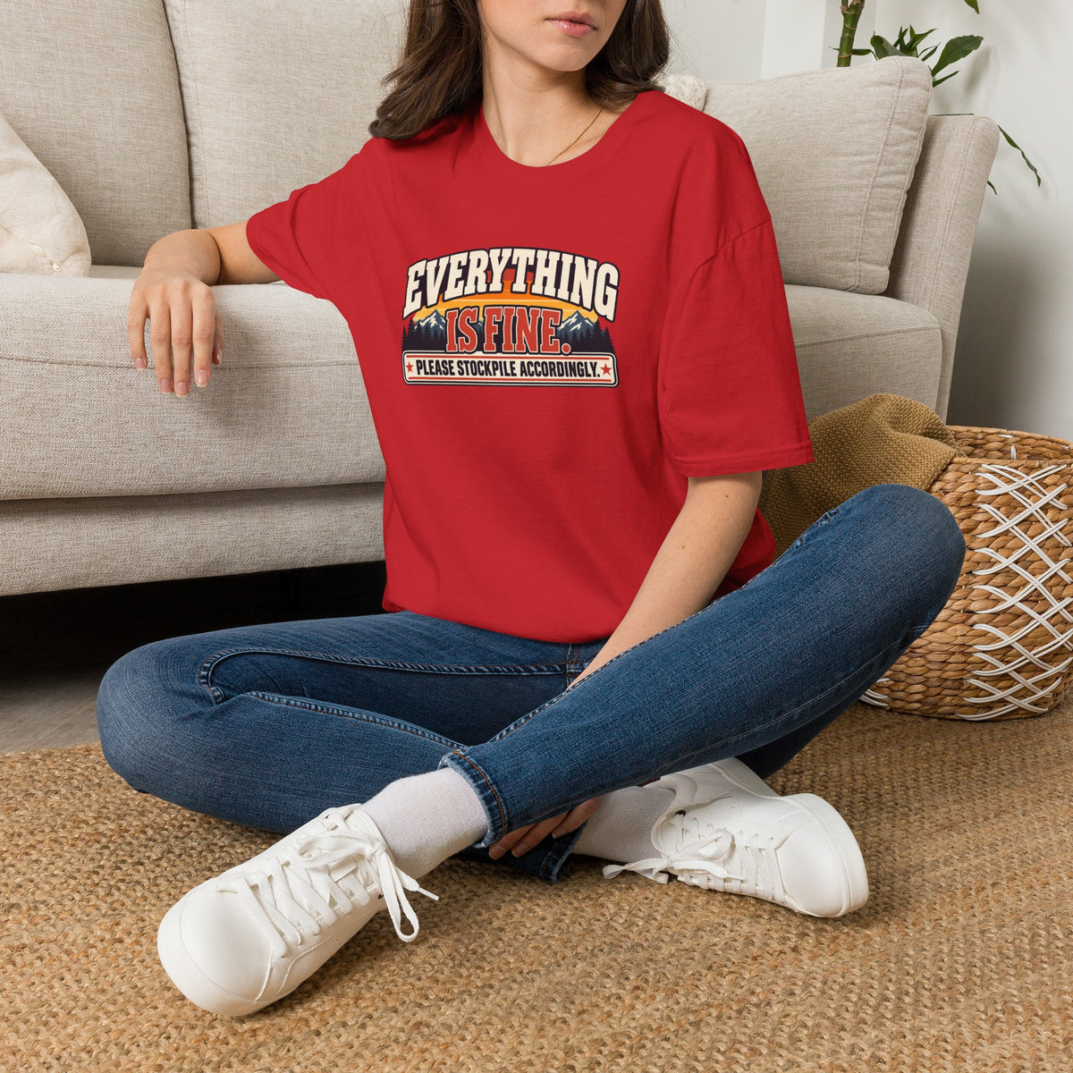 Everything Is Fine Please Stockpile Accordingly T-Shirt | Funny Emergency Preparedness Tee