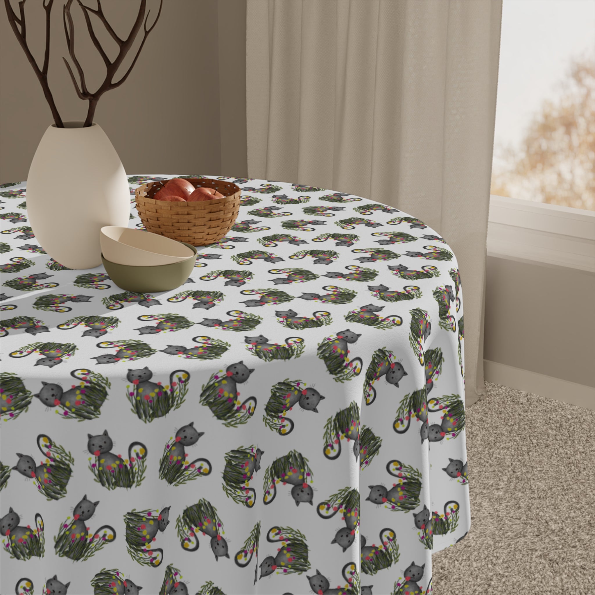 Whimsical Cat Medallion Square Tablecloth – 55" x 55"