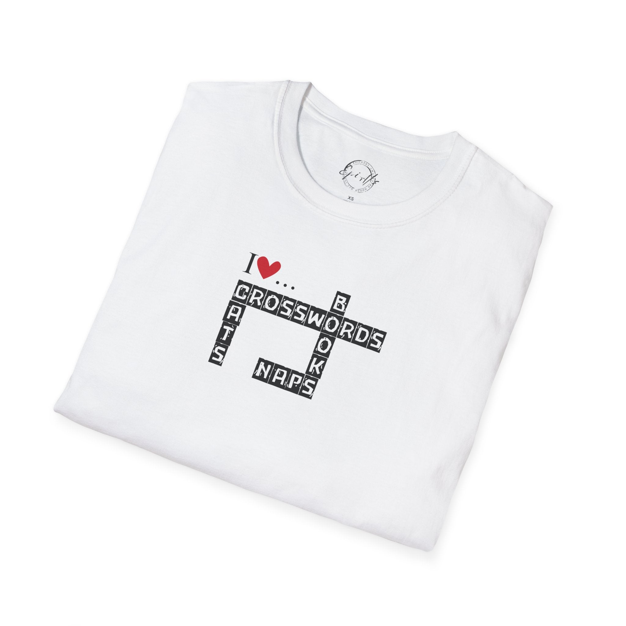 Photo depicting the ​Crosswords and Cats Unisex Softstyle T-Shirt from EpiAl's Shop.