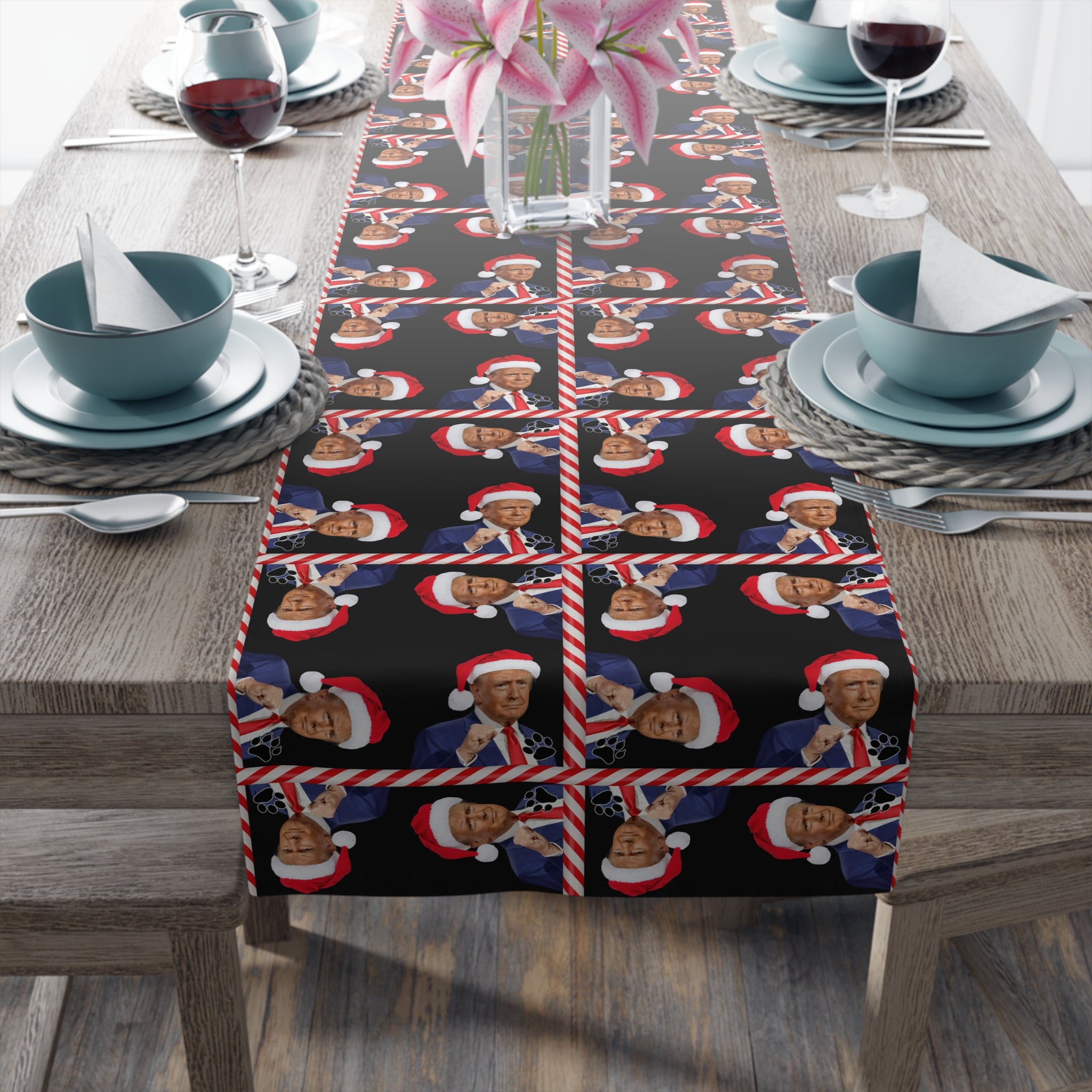 Photo depicting the ​Trump Novelty Christmas Table Runner (Cotton, Poly) from EpiAl's Shop.
