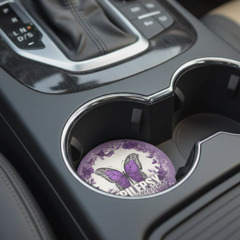 Photo depicting the ​Epilepsy Awareness Butterfly Soapstone Car Coaster from EpiAl's Shop.