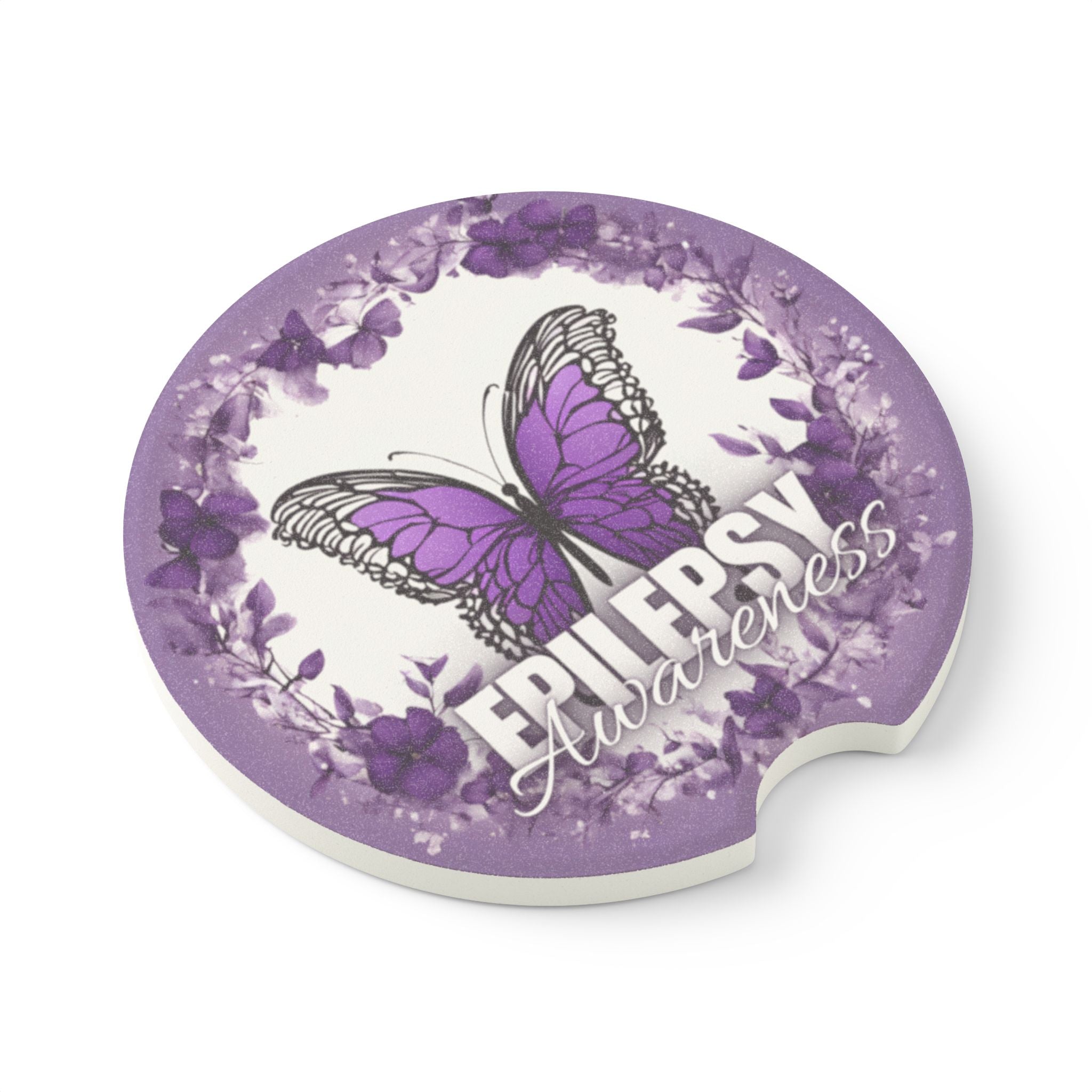 Photo depicting the ​Epilepsy Awareness Butterfly Soapstone Car Coaster from EpiAl's Shop.