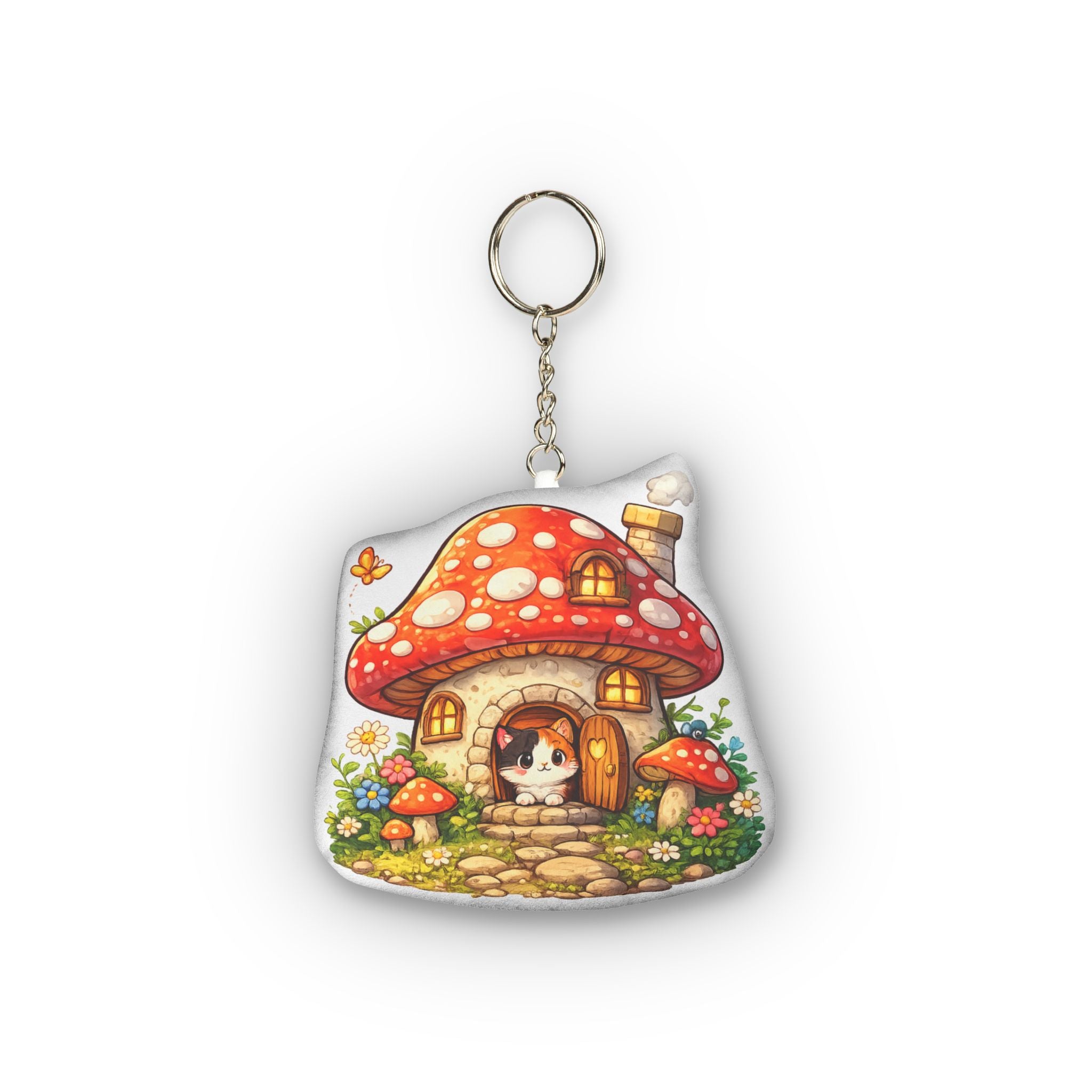 Whimsical Mushroom Cottage Plush Keychain | Cottagecore Cat Bag Charm