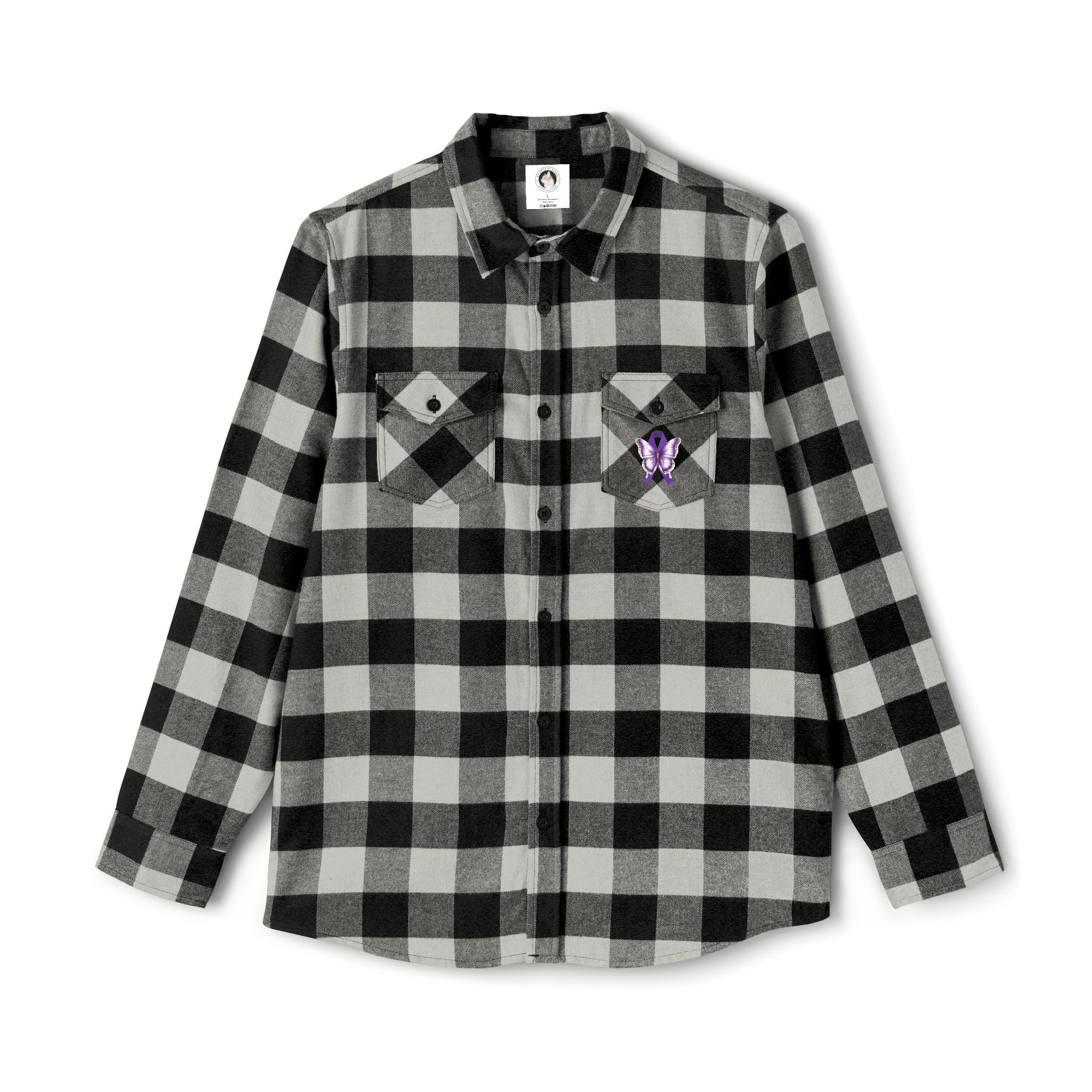 Photo depicting the ​Epilepsy Butterfly Unisex Flannel Shirt from EpiAl's Shop.
