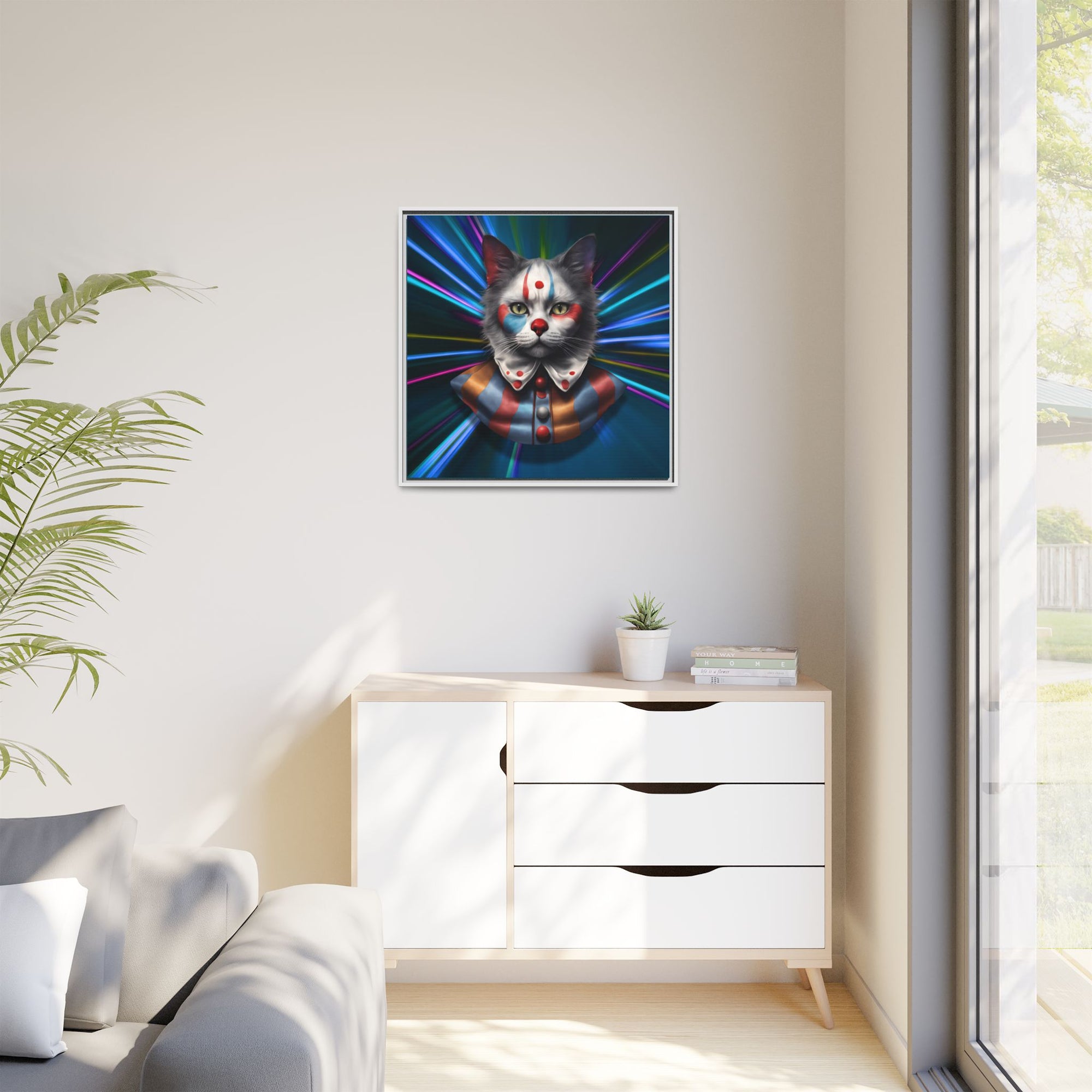 Colorful Cat Clown Framed Canvas Art – Quirky Home Decor for Pet Lovers