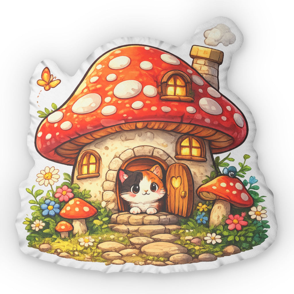 Whimsical Mushroom Cottage Shaped Pillow | Cozy Cat Cottage Forest Cushion