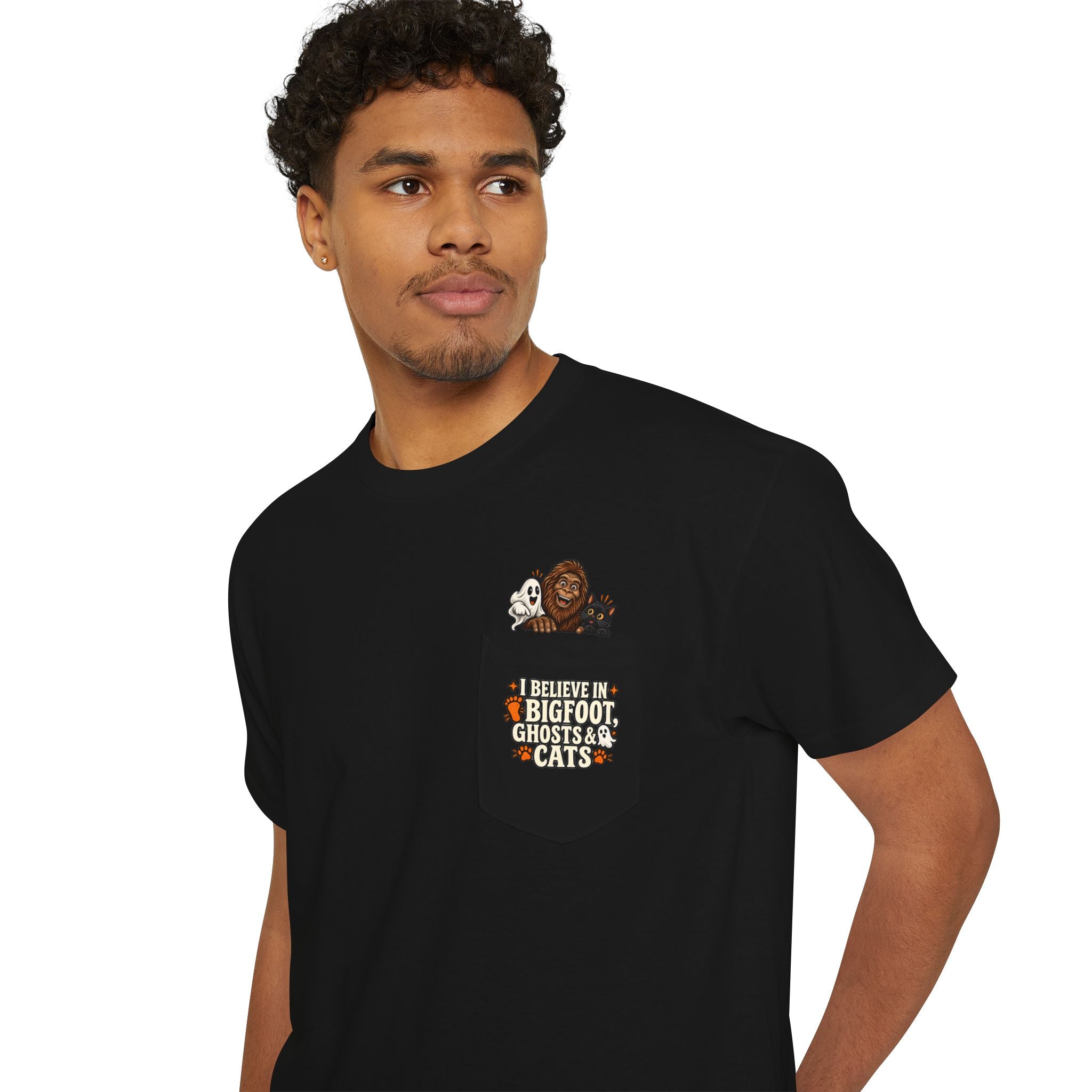 I Believe in Bigfoot, Ghosts & Cats Pocket T-Shirt