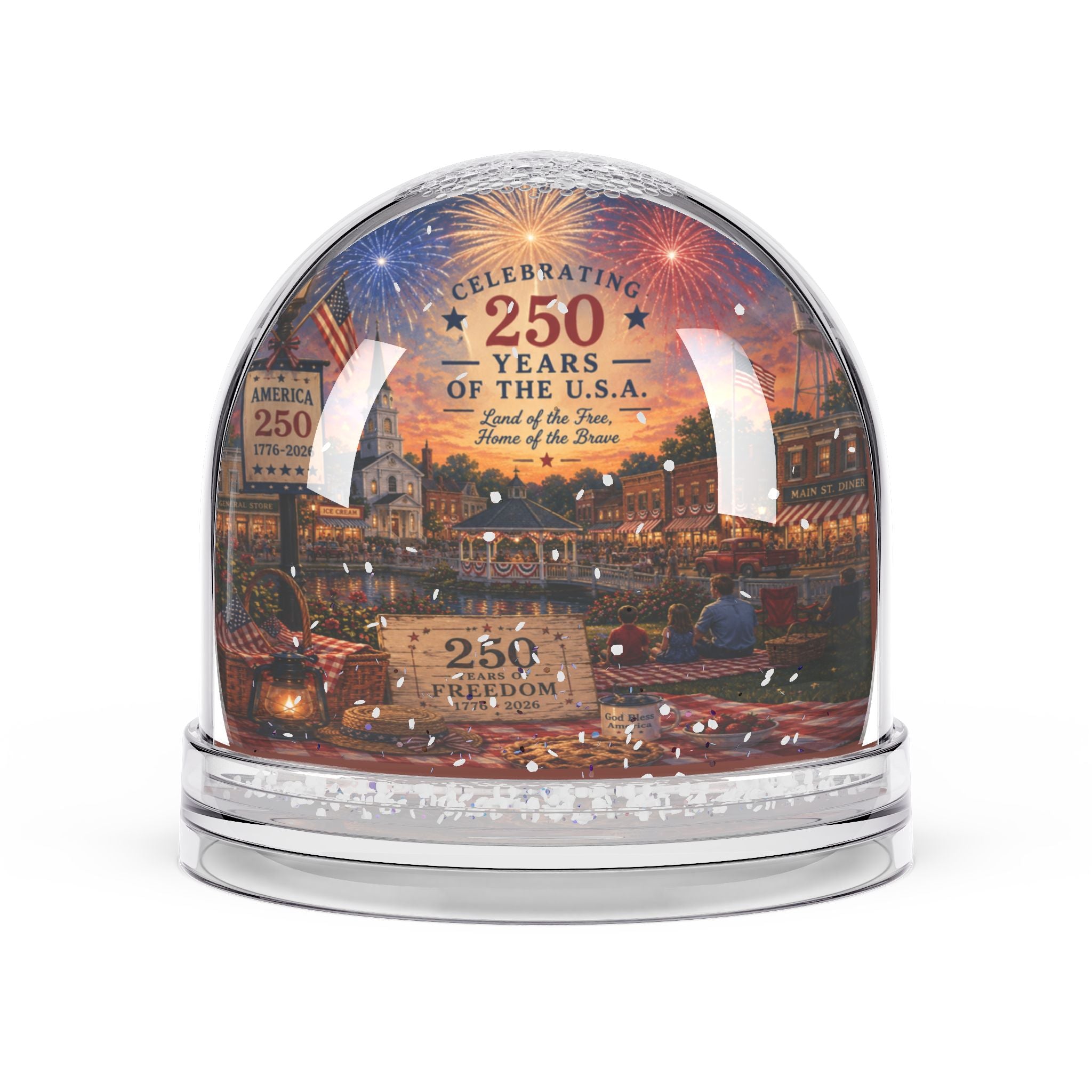 America 250 Small Town Celebration Patriotic Semiquincentennial Keepsake Glitter Globe