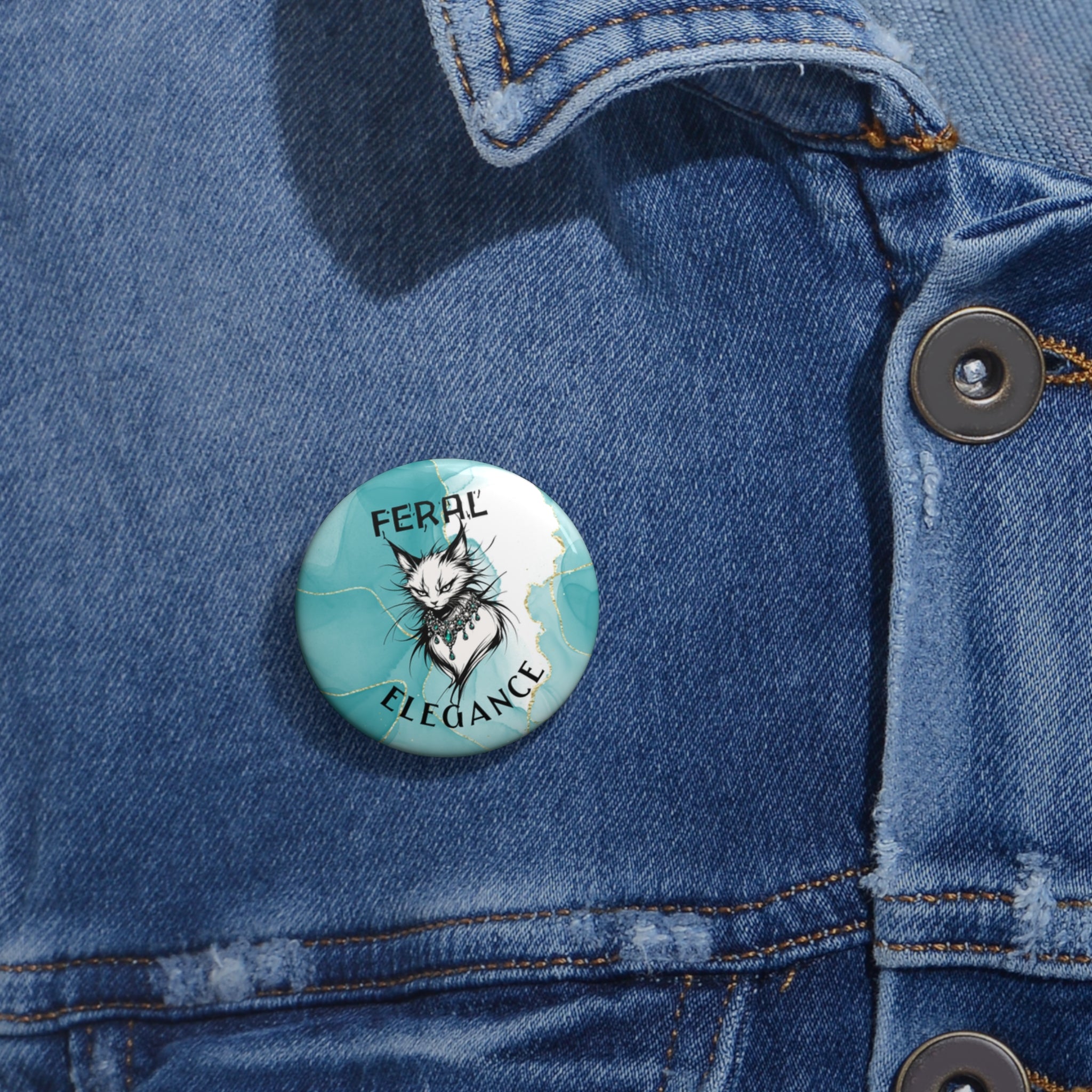 Feral Elegance Cat Pinback Button – Teal Marble Statement Badge