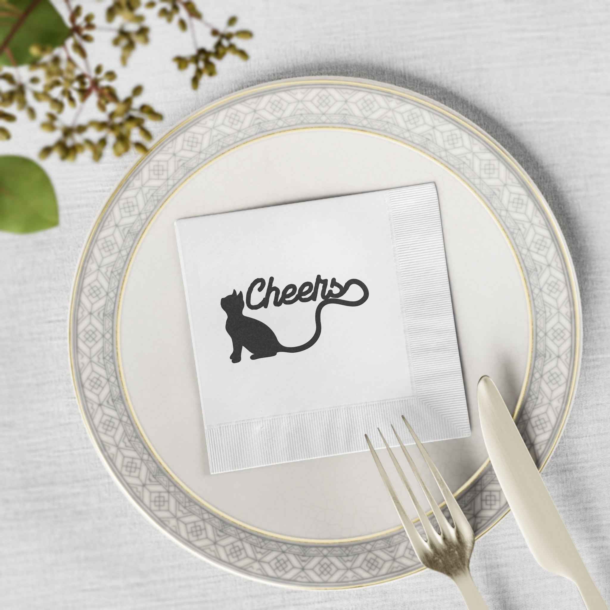 “Cheers Cat Tail” Cocktail & Luncheon Napkins – Minimalist Long-Tail Silhouette Design