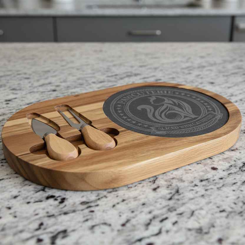 Pawcuterie Engraved Charcuterie Board – “Sliced with Cattitude” Slate & Acacia Serving Set