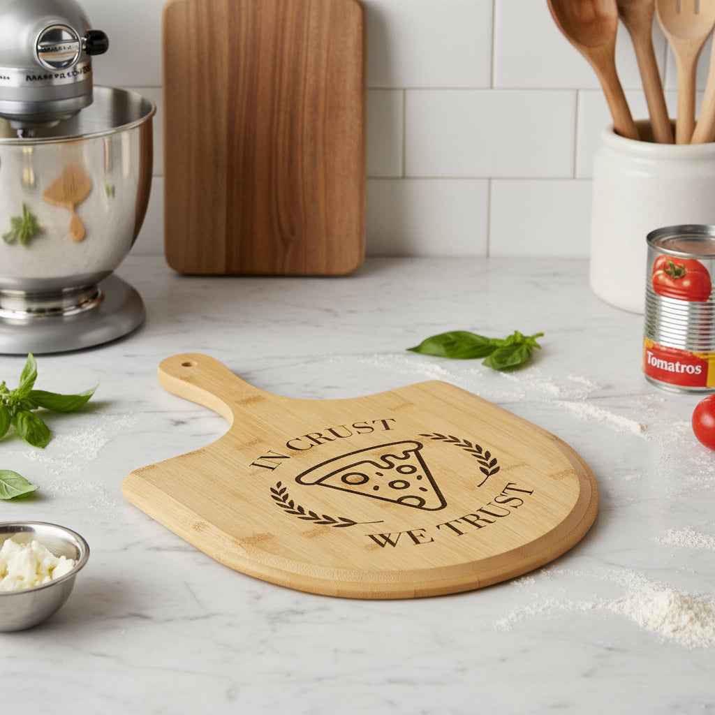 “In Crust We Trust” Engraved Bamboo Pizza Board – Political Parody Pizza Paddle