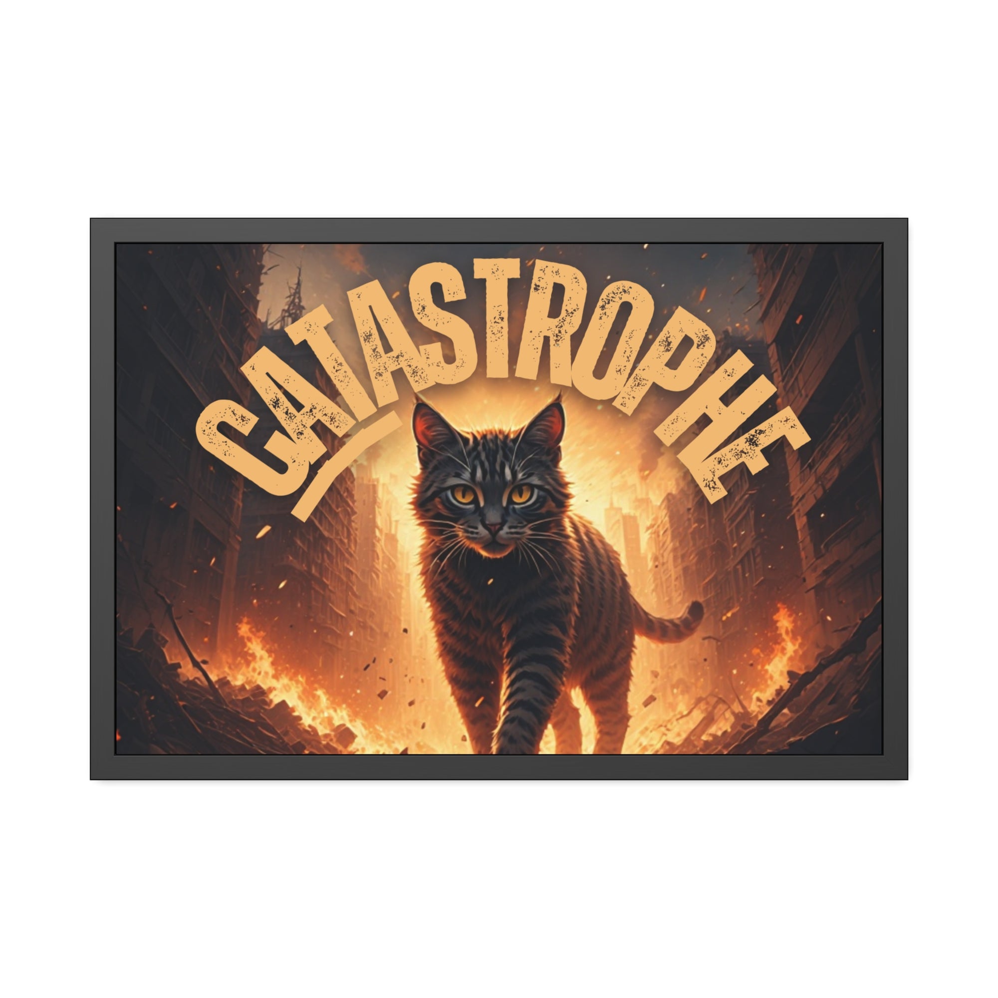 Framed Catastrophe Cat Poster Art, Quirky Cat Artwork