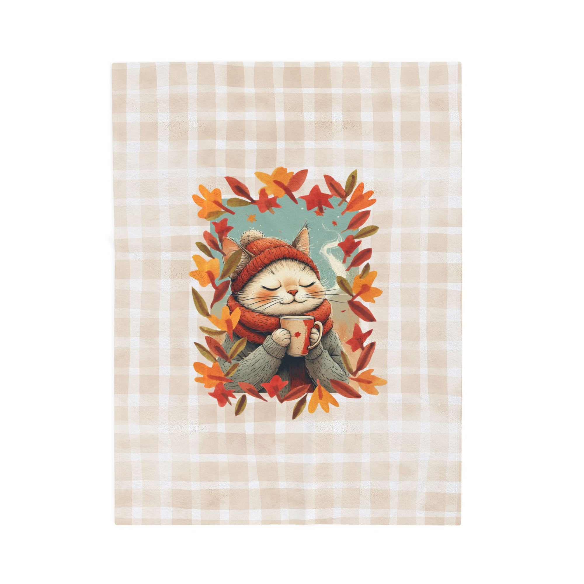 Hot Chocolate Cat Plush Blanket, Soft Throw for Fall