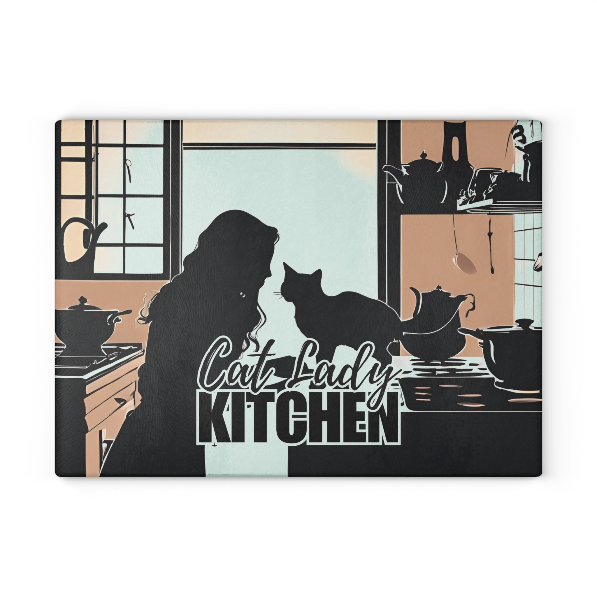 Photo depicting the ​Cat Lady Kitchen Glass Cutting Board from EpiAl's Shop.
