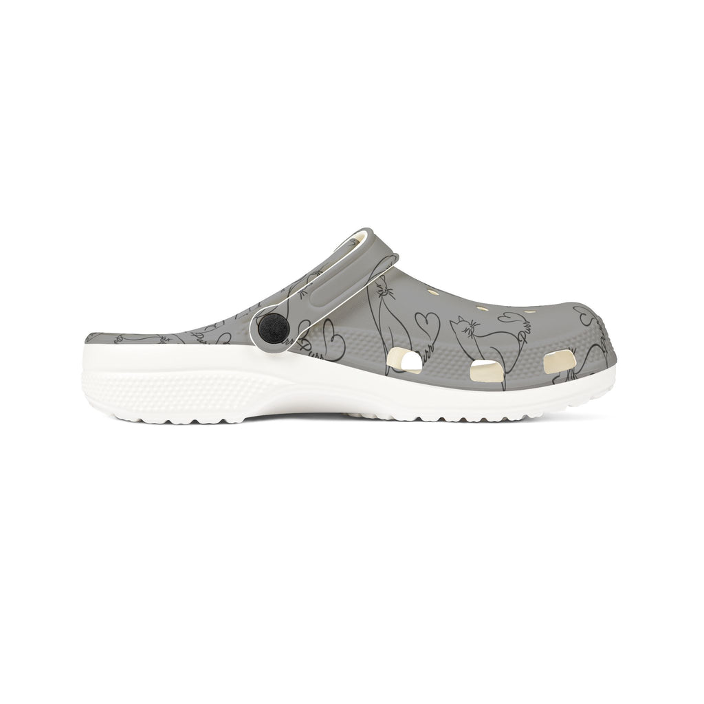 Minimalist Cat Line Art EVA Clogs – Grey All-Over Print Slip-Ons