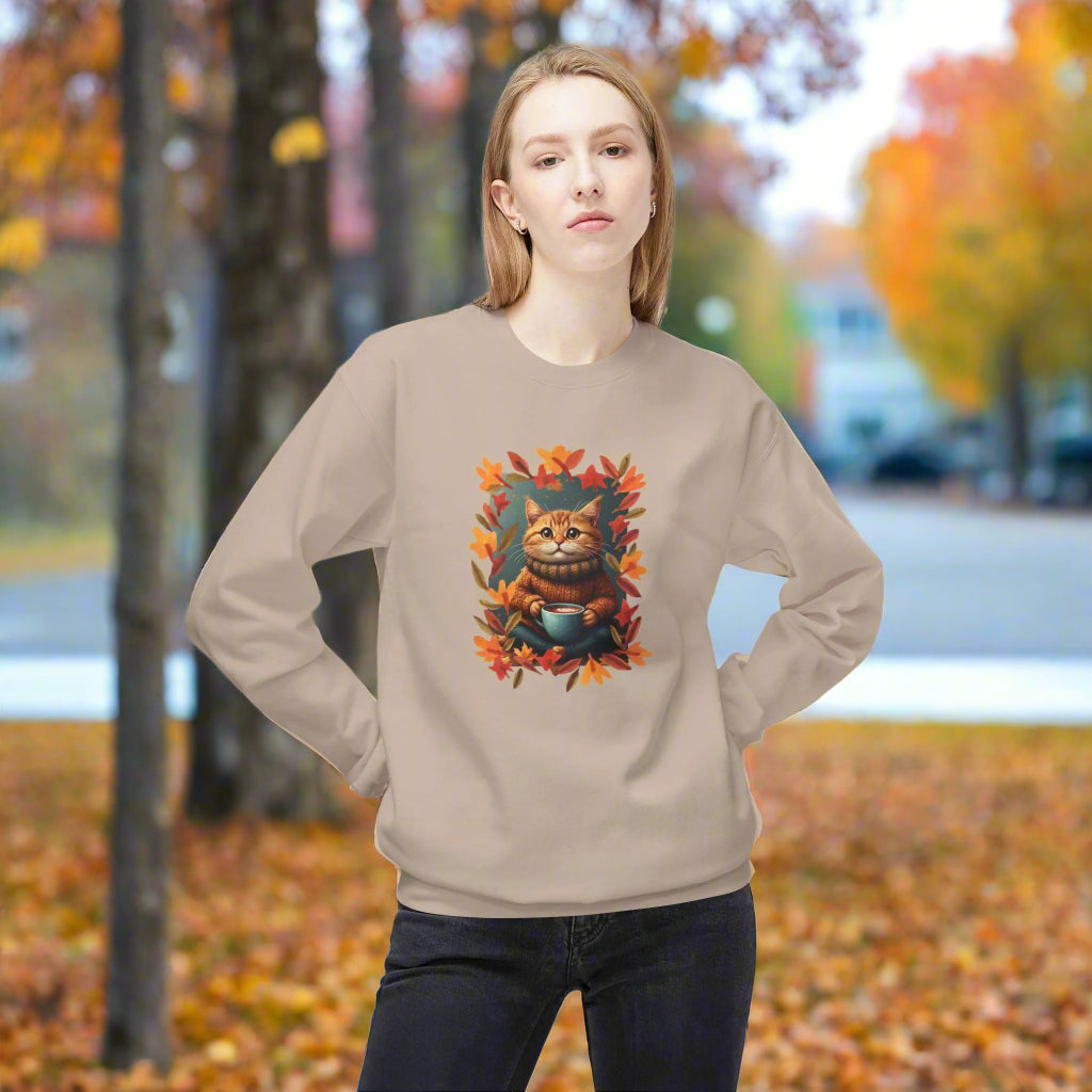 Whimsical Fall Fleece Kitty Sweatshirt, Cozy Autumn Apparel