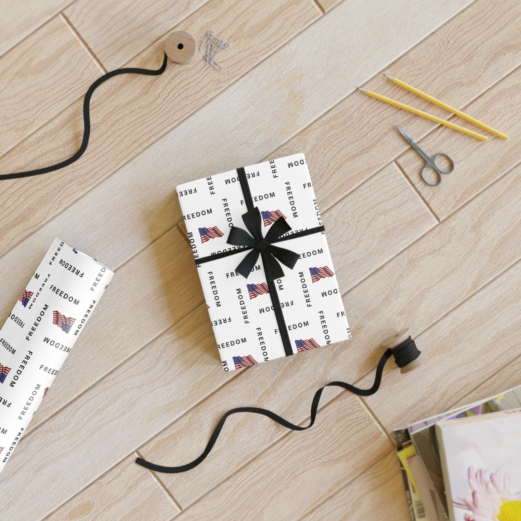 Black & White Freedom Gift Wrap – Patriotic Black Lettering