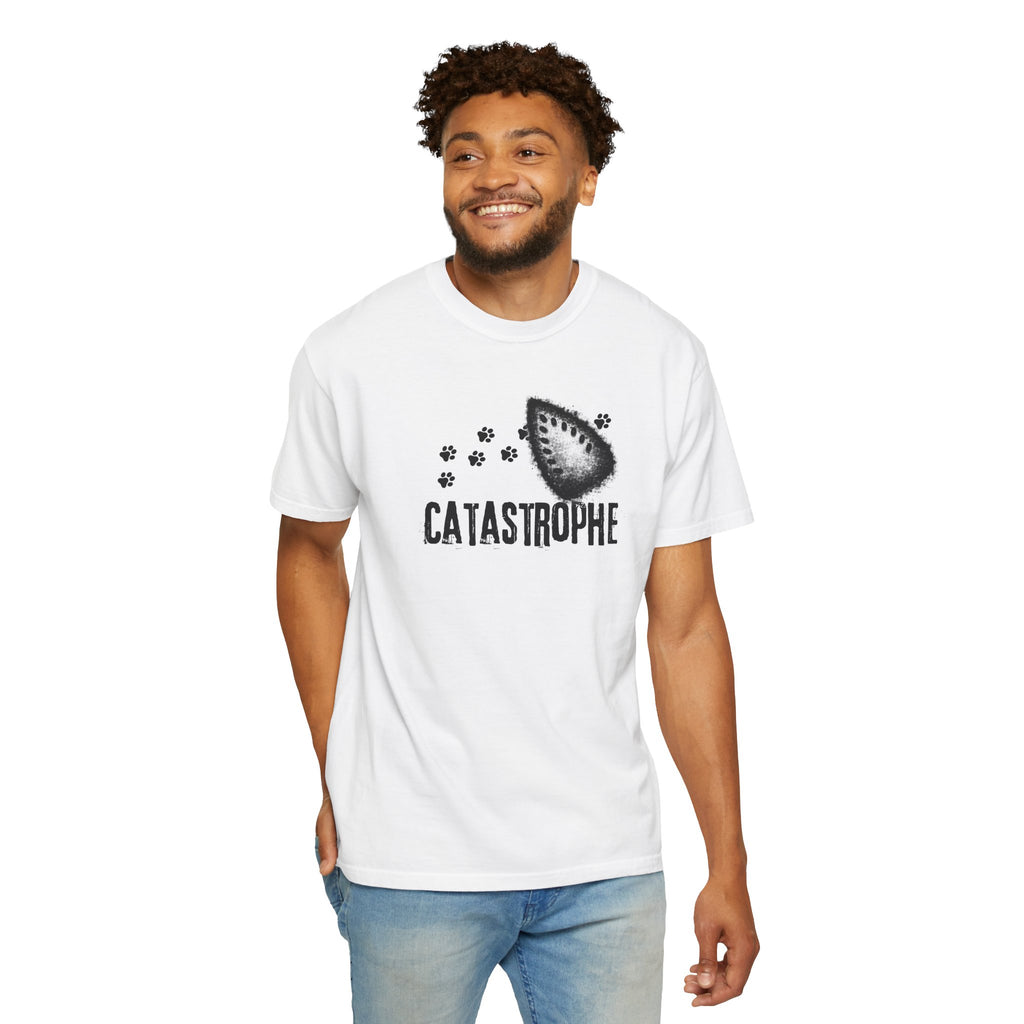 Catastrophe Iron Burn Graphic T-Shirt | Funny Cat Pun Shirt | Distressed Grunge Cat Tee