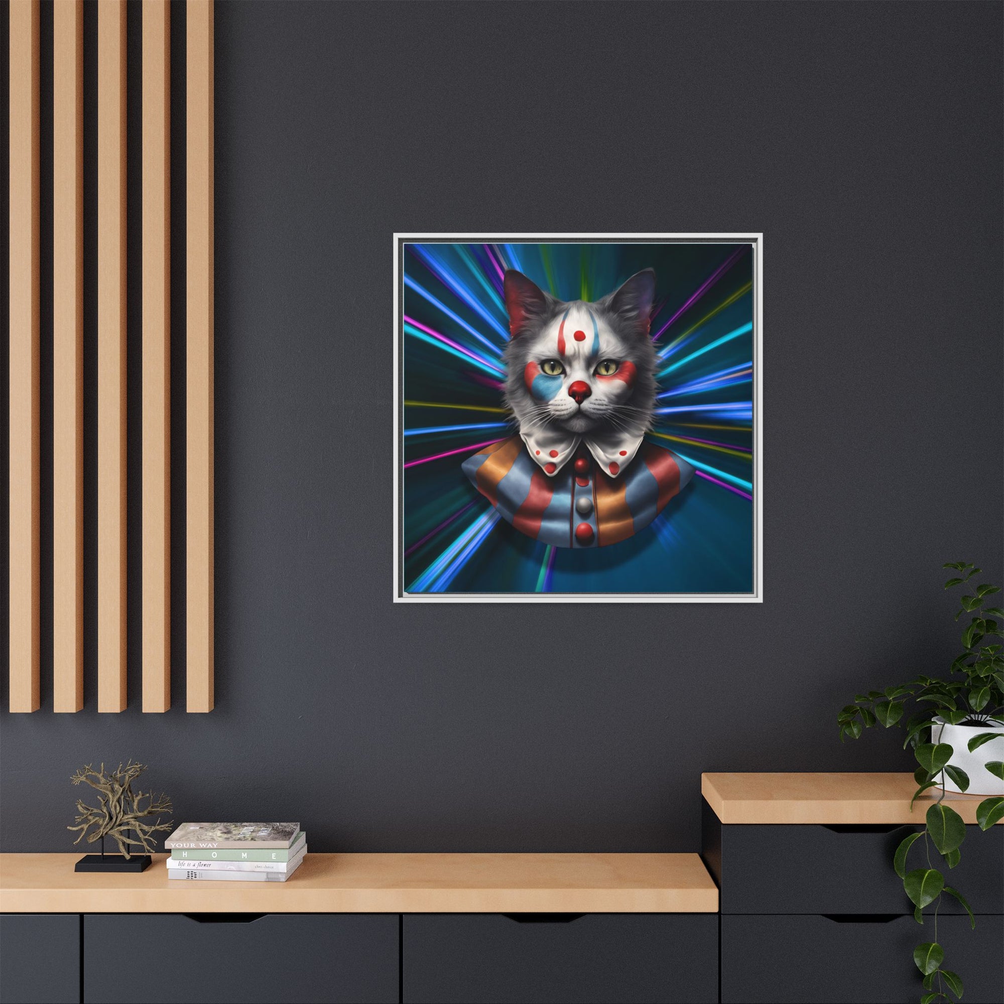 Colorful Cat Clown Framed Canvas Art – Quirky Home Decor for Pet Lovers