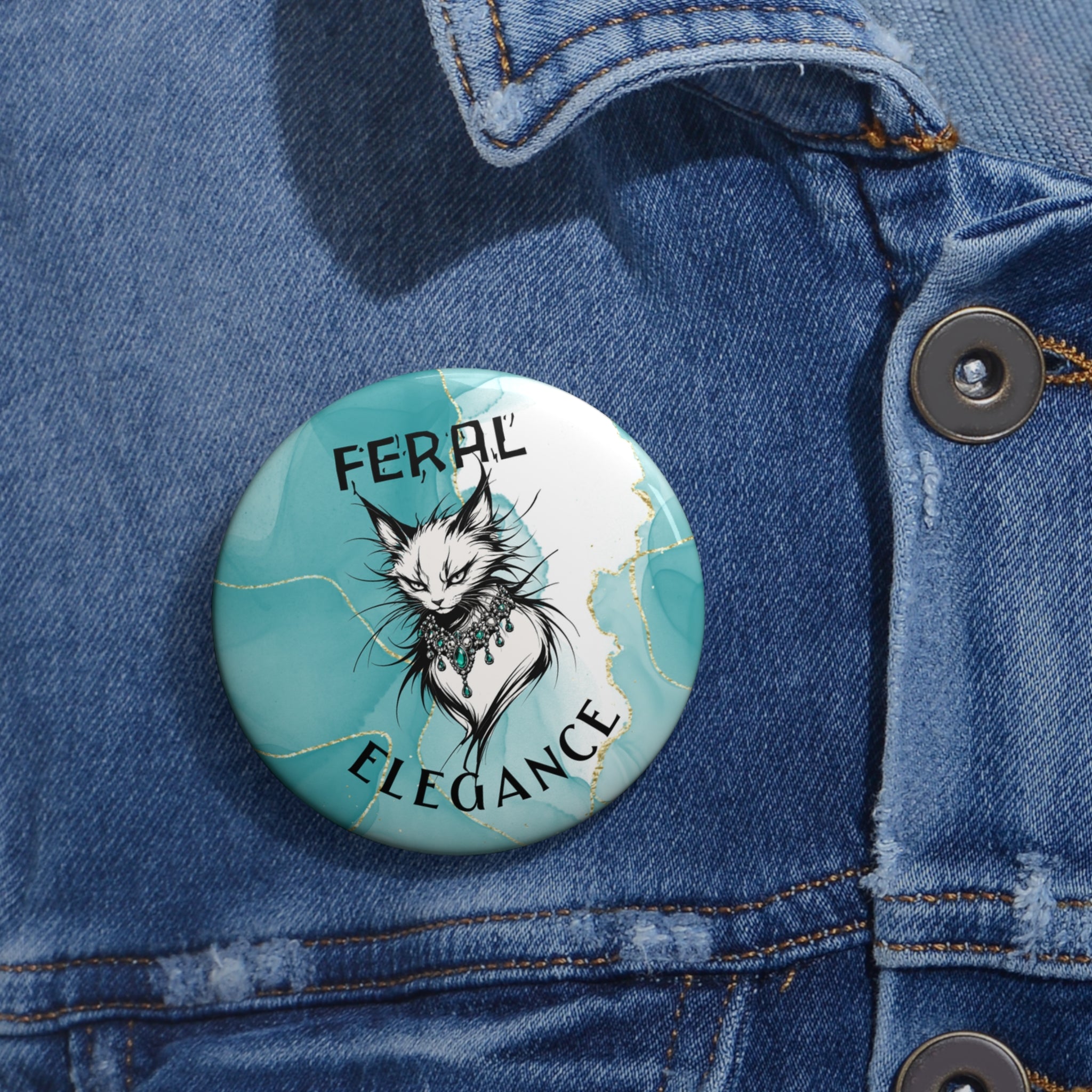 Feral Elegance Cat Pinback Button – Teal Marble Statement Badge