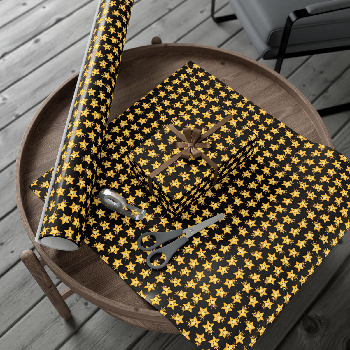 Main Character Crowned Star Wrapping Paper | Cute Black & Gold Gift Wrap