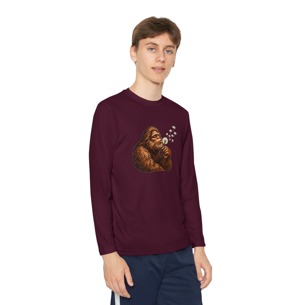 Bigfoot Blowing Dandelion Youth Long Sleeve Tee | Kids Sasquatch Shirt