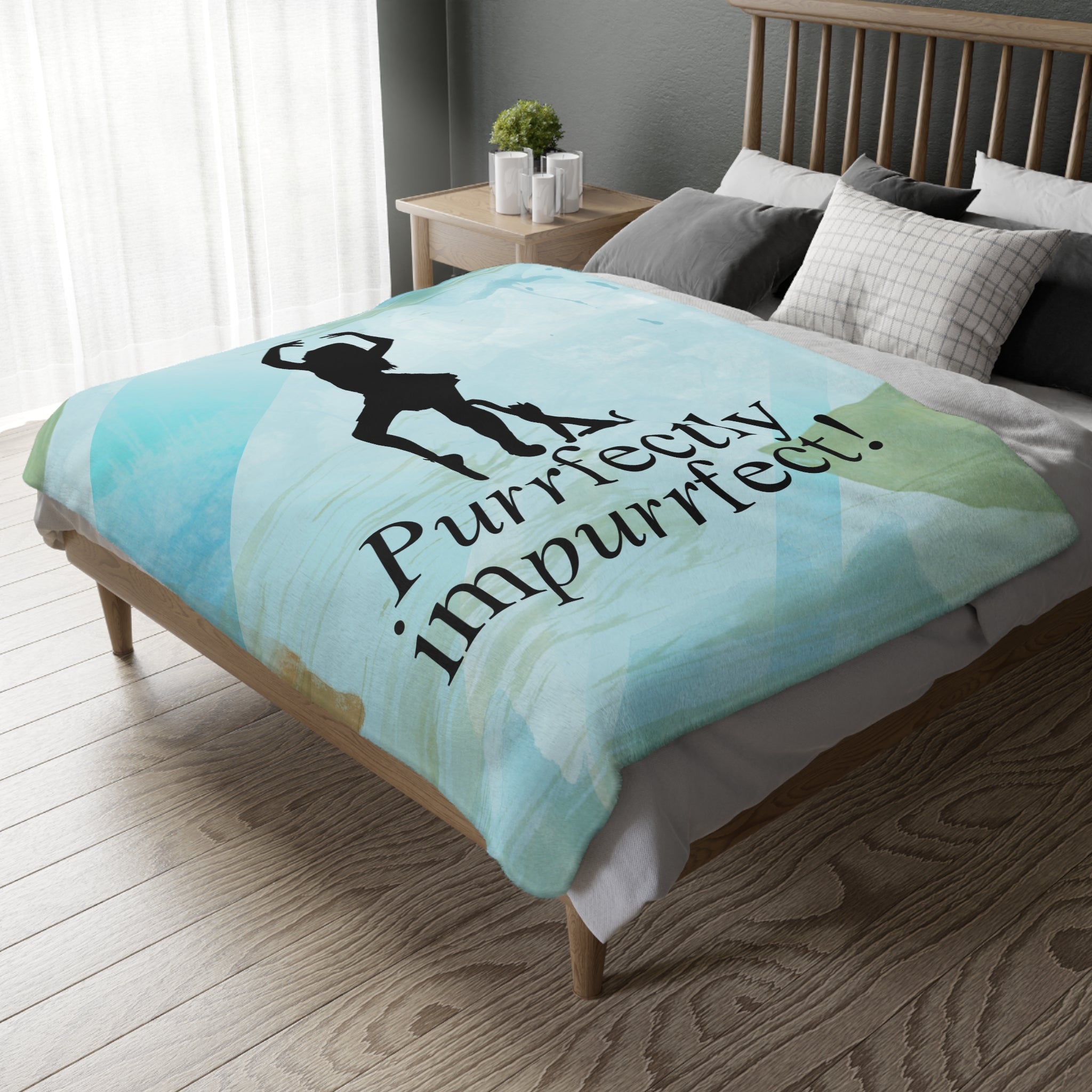 Photo depicting the ​Purrfectly Impurrfect Velveteen Microfiber Blanket (Two-sided print) from EpiAl's Shop.