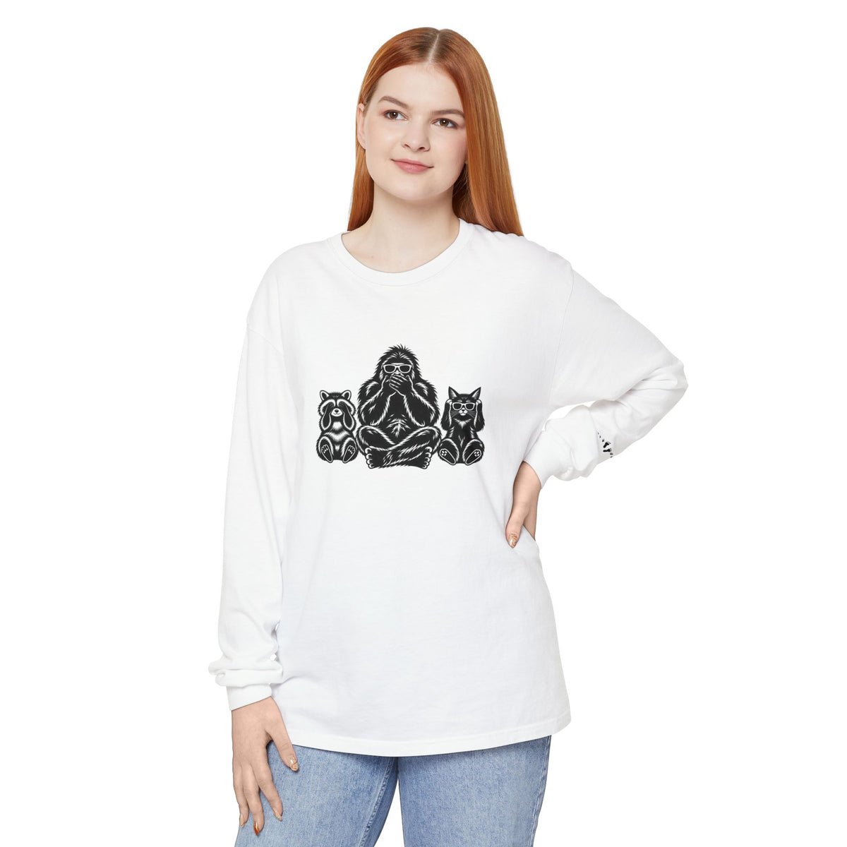 Hear No Evil, See No Evil, Speak No Evil | Bigfoot, Jimothy & Cat Garment-Dyed Long Sleeve Tee
