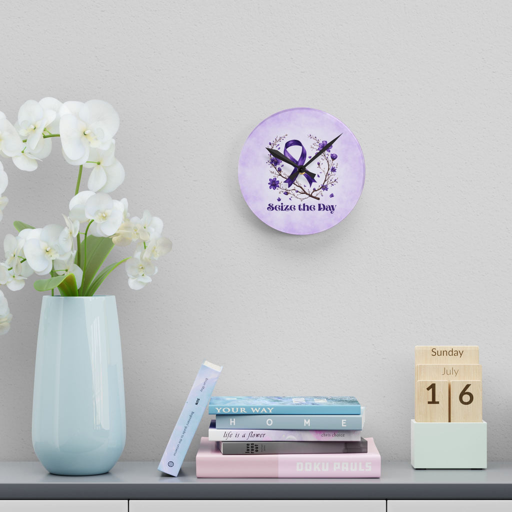 Purple Floral Seize the Day Acrylic Wall Clock