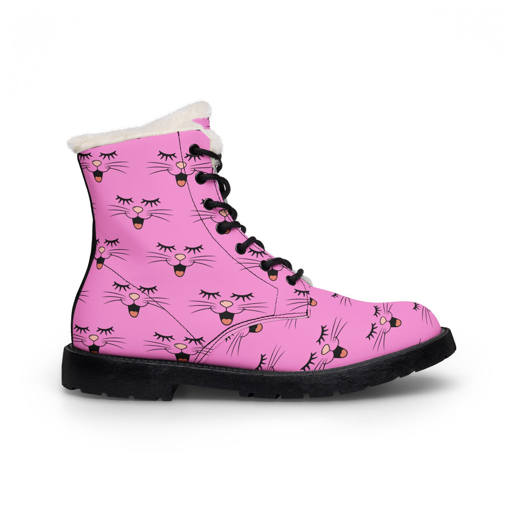 Cat Face Fur-Lined Vegan Leather Winter Boots for Women