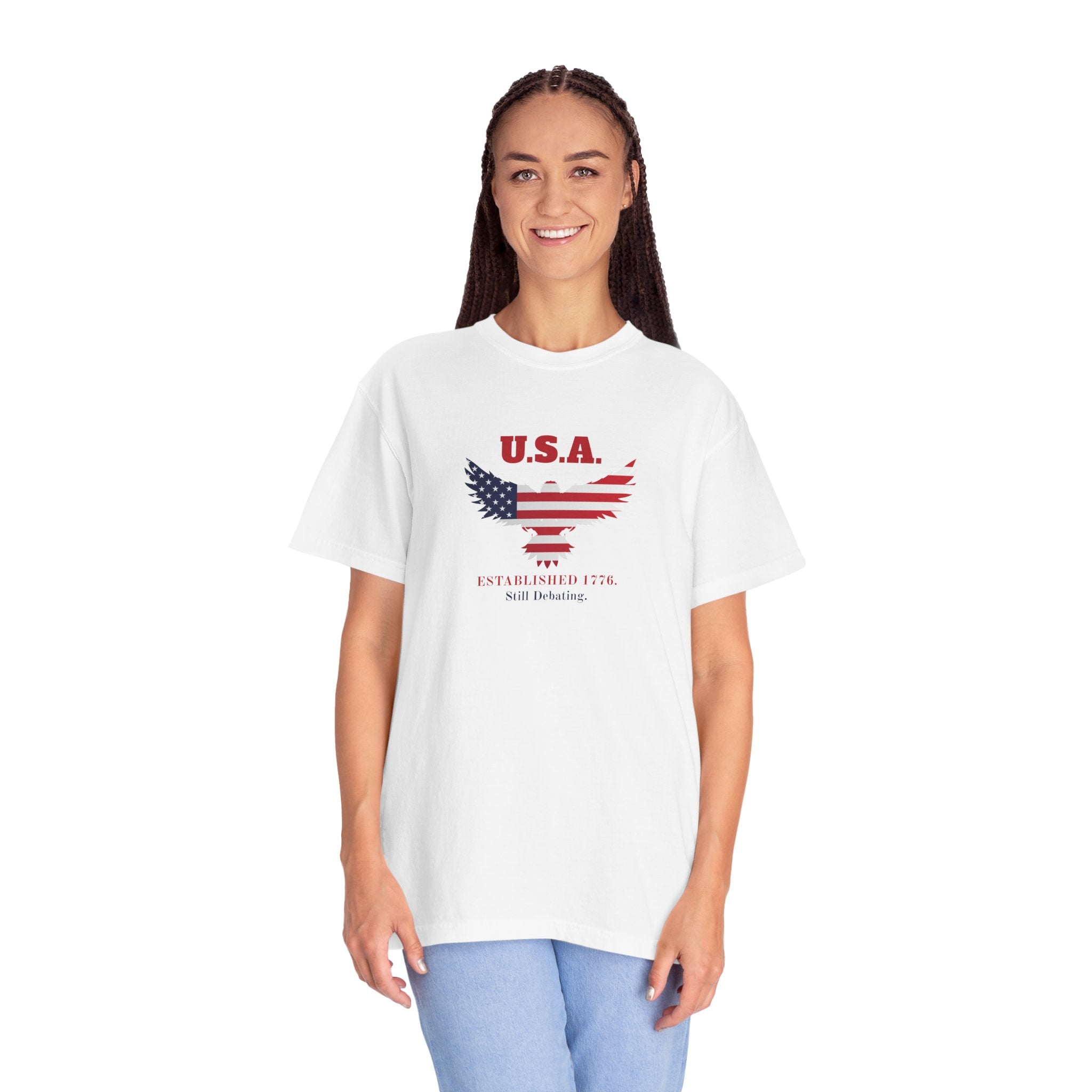 U.S.A. Still Debating Tee – Patriotic Humor Heavyweight Shirt