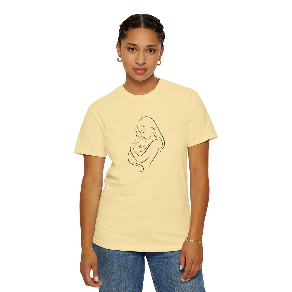 Mother & Cat Embrace T-Shirt | Minimal Line Art Cat Mom Shirt