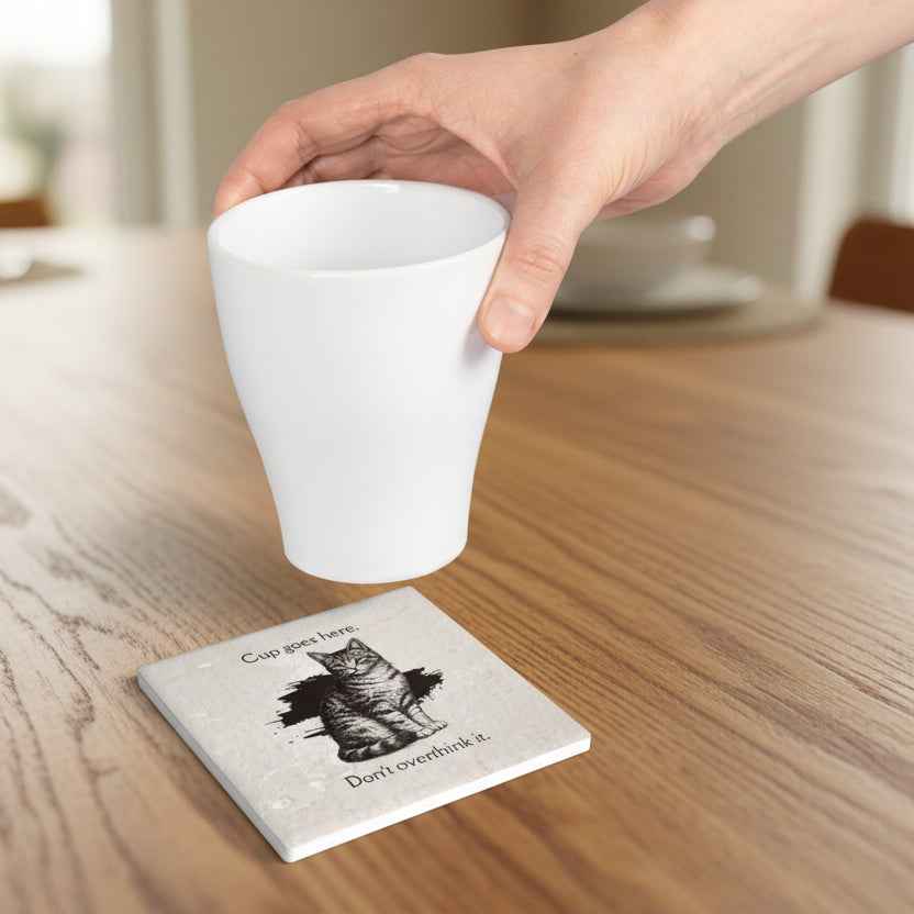 “Cup Goes Here” Cat Coaster – Vintage Sketch Ceramic Coaster with Cork Backing | Funny Minimalist Cat Decor