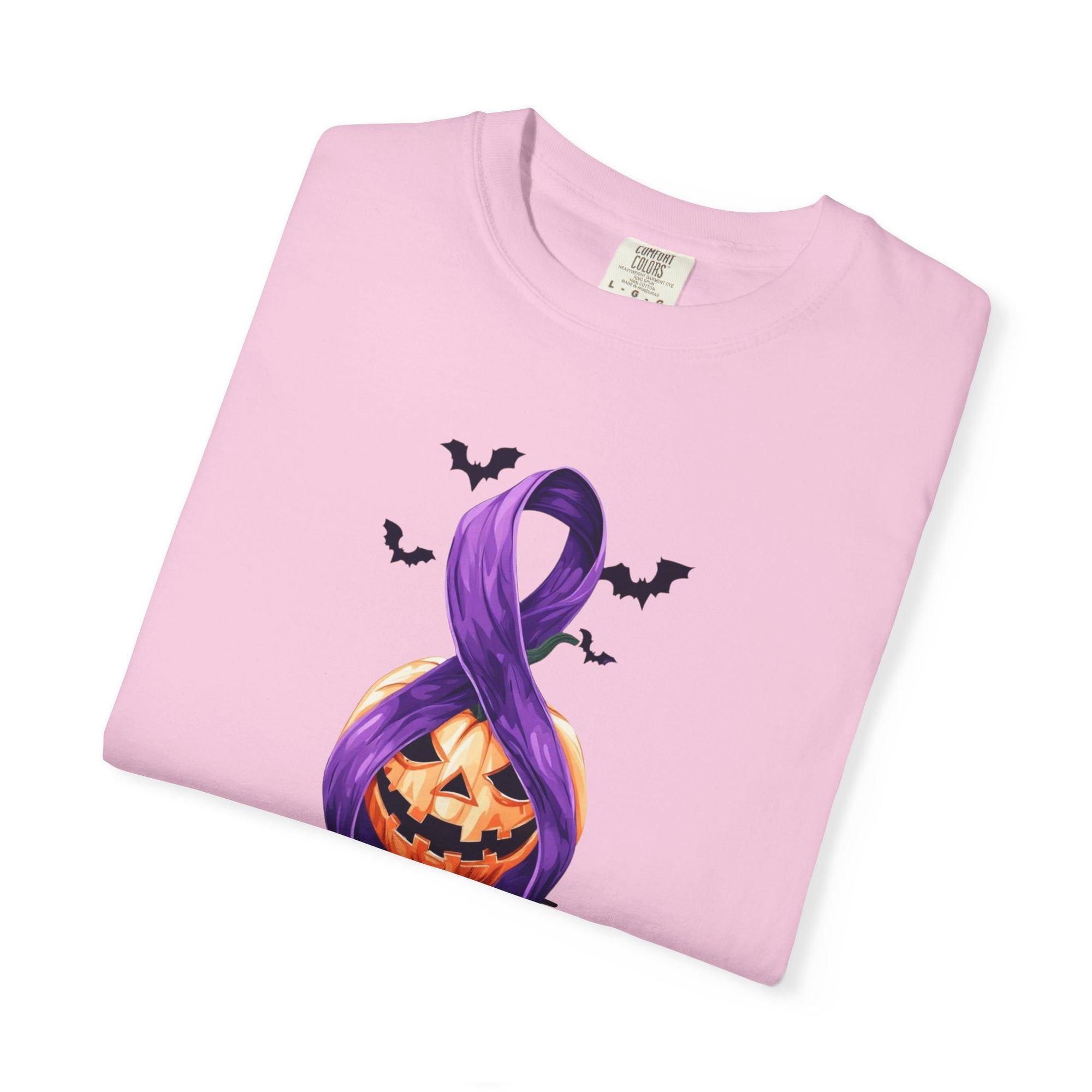 Halloween Pumpkin Unisex T-Shirt with Purple Ribbon Design