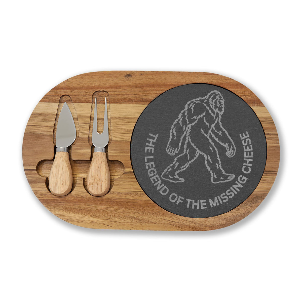 Bigfoot Charcuterie Board | The Legend of the Missing Cheese | Engraved Slate & Acacia Wood Cheese Board